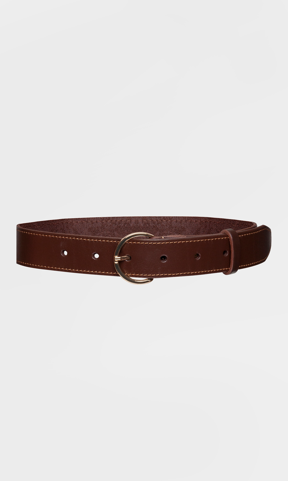 Brown leather belt with round metal buckle, photo 1