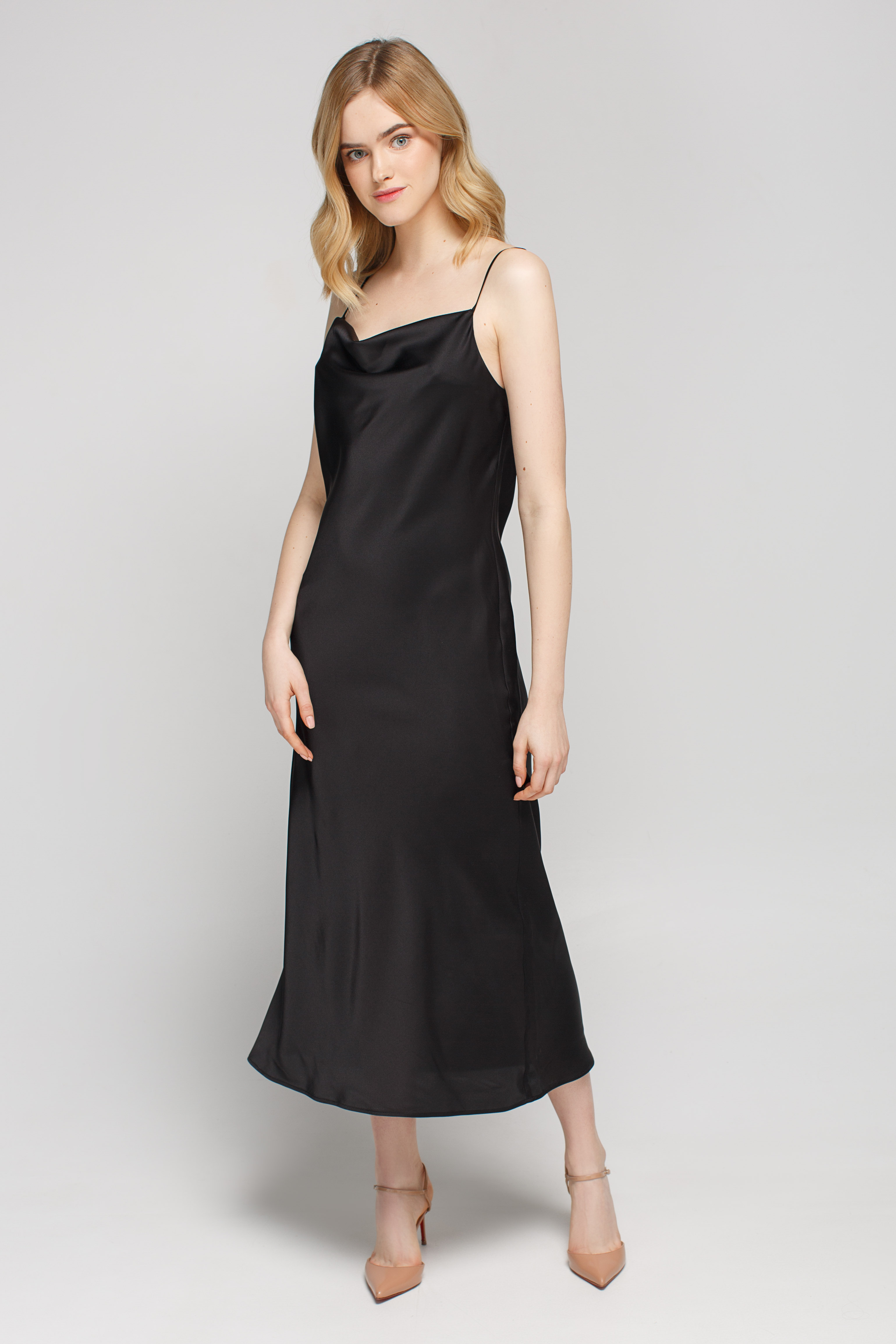 Black slip dress with draped neckline, photo 1