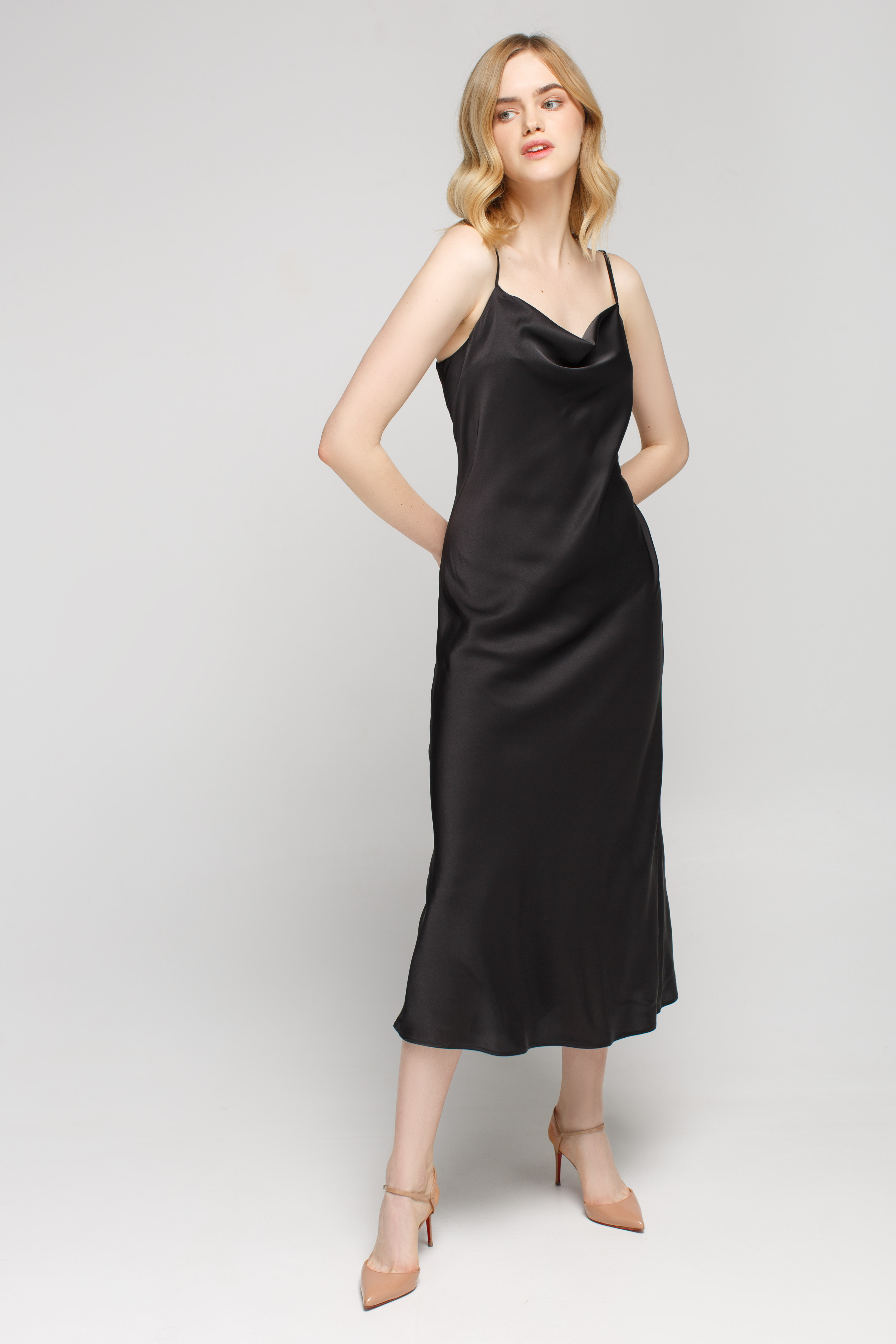 Black slip dress with draped neckline, photo 4