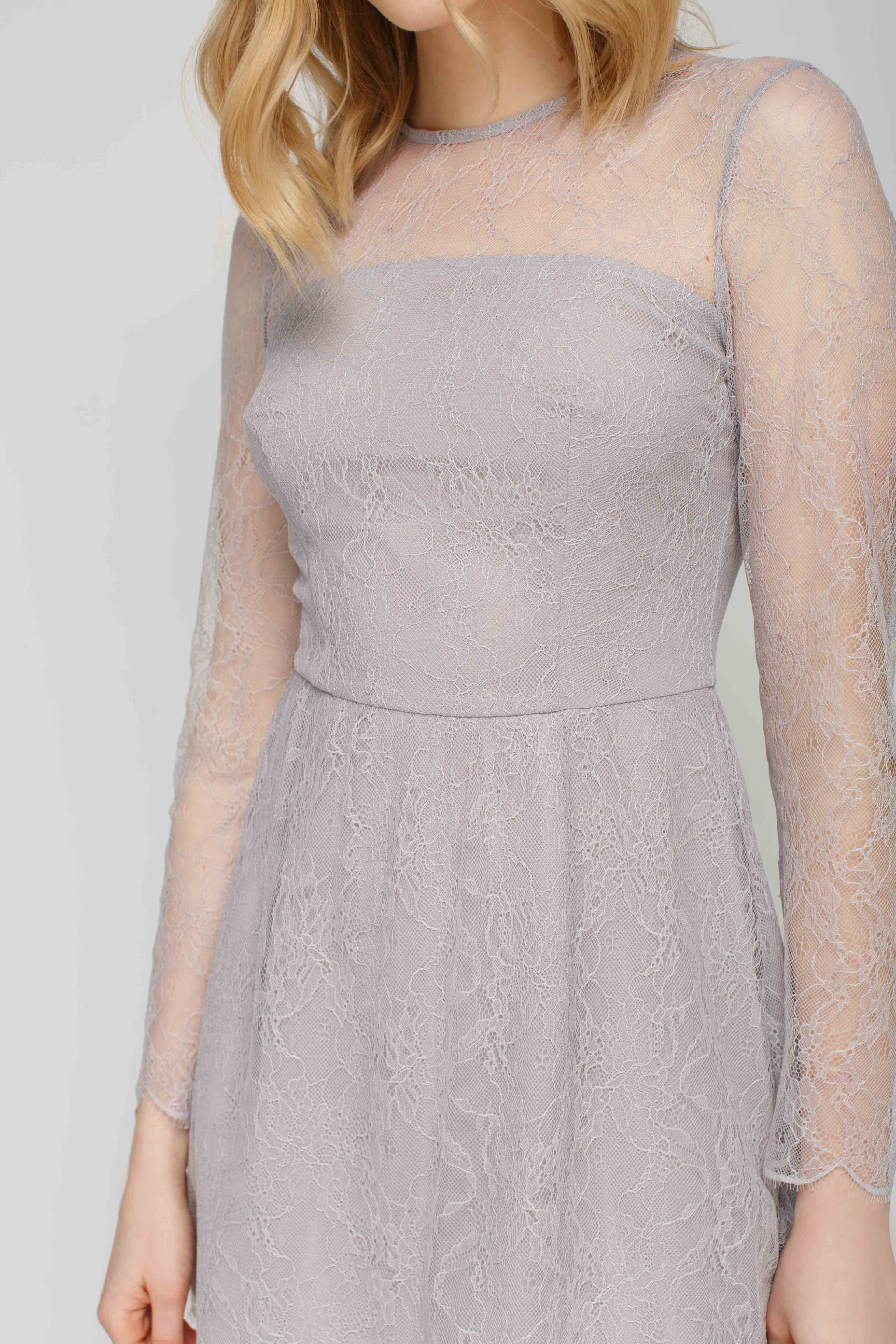 Сіра мереживна сукня міні з довгими рукавами, фото 5
