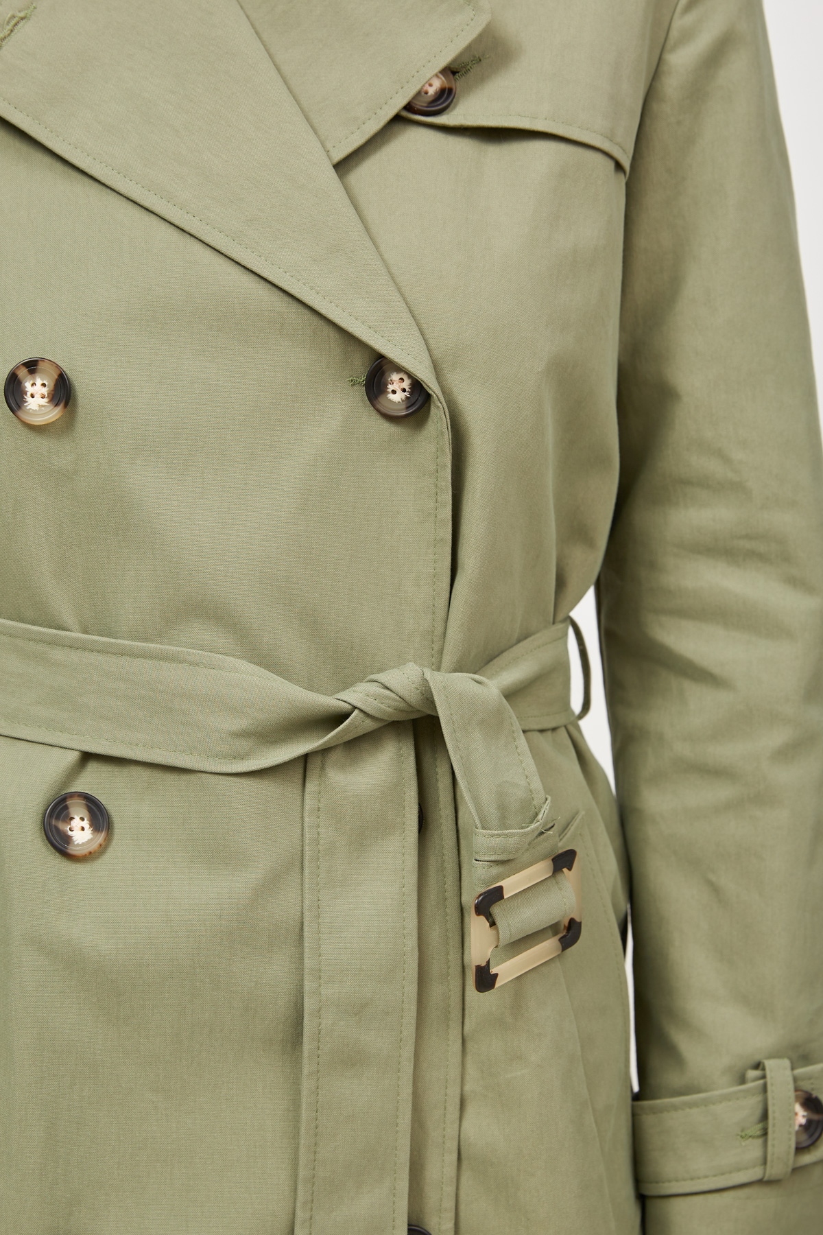 Khaki trench coat above the knee with horn buttons, photo 3