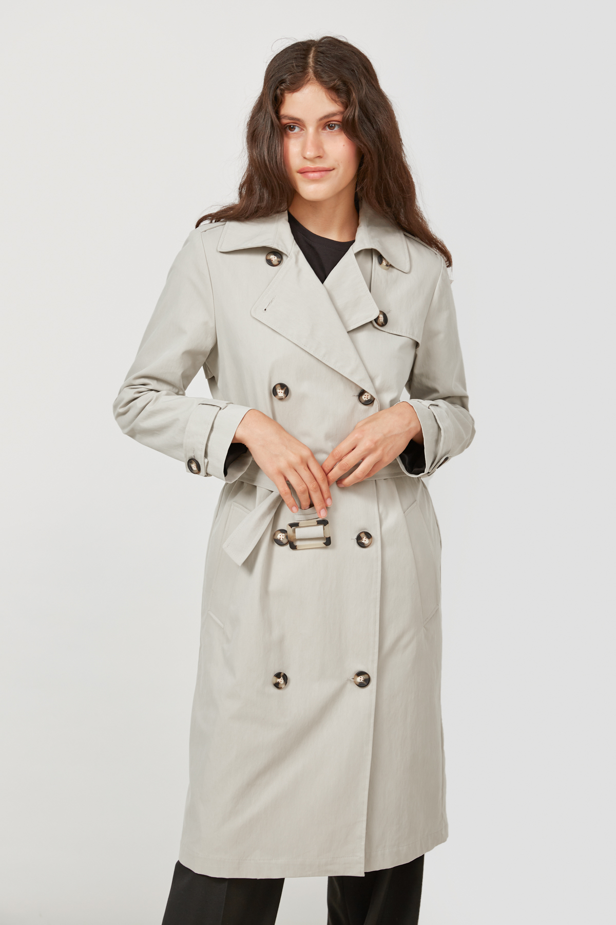 Grey trench coat below the knee with horn buttons , photo 1