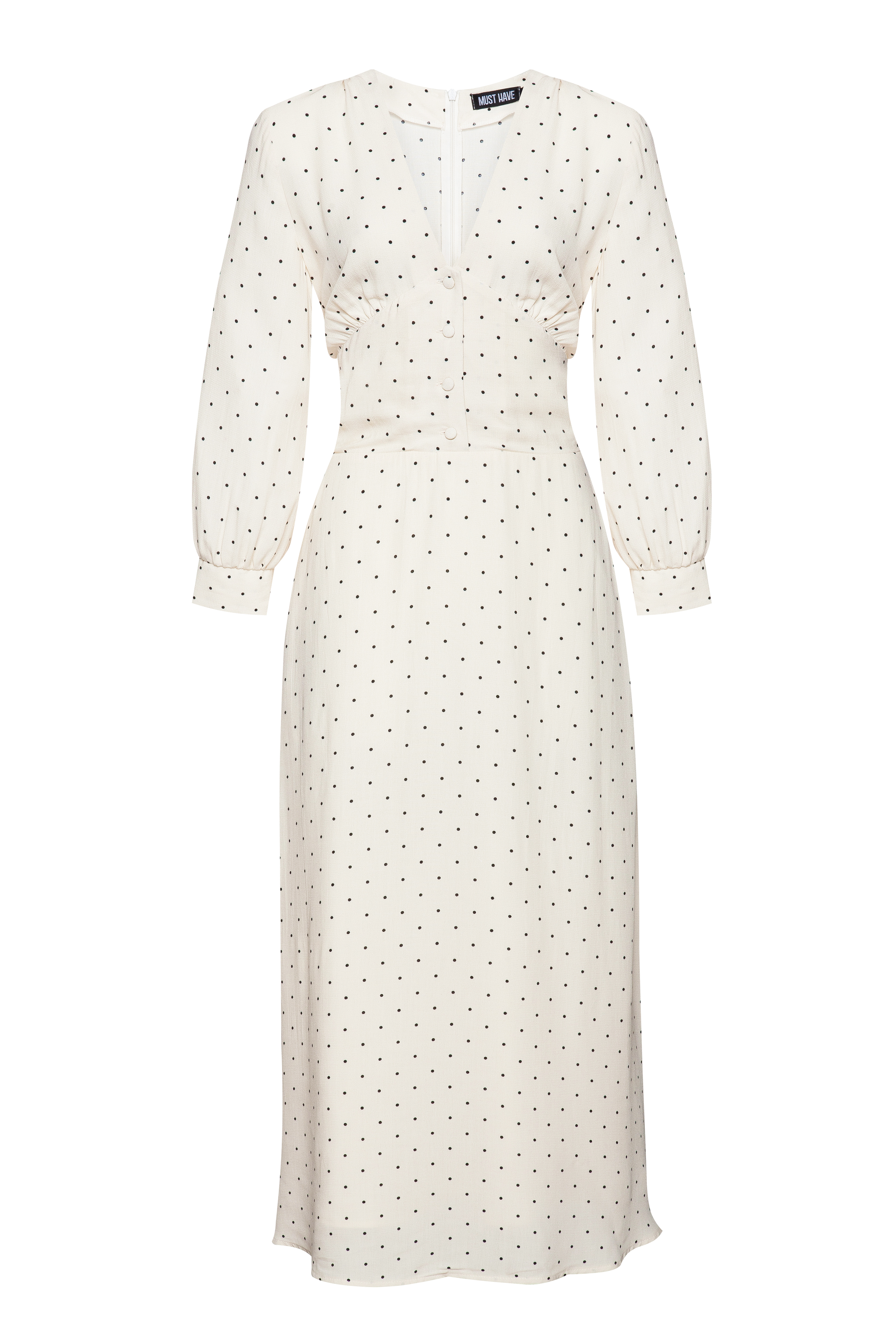 Milky white polka dot midi dress with V-neck and short sleeves, photo 1