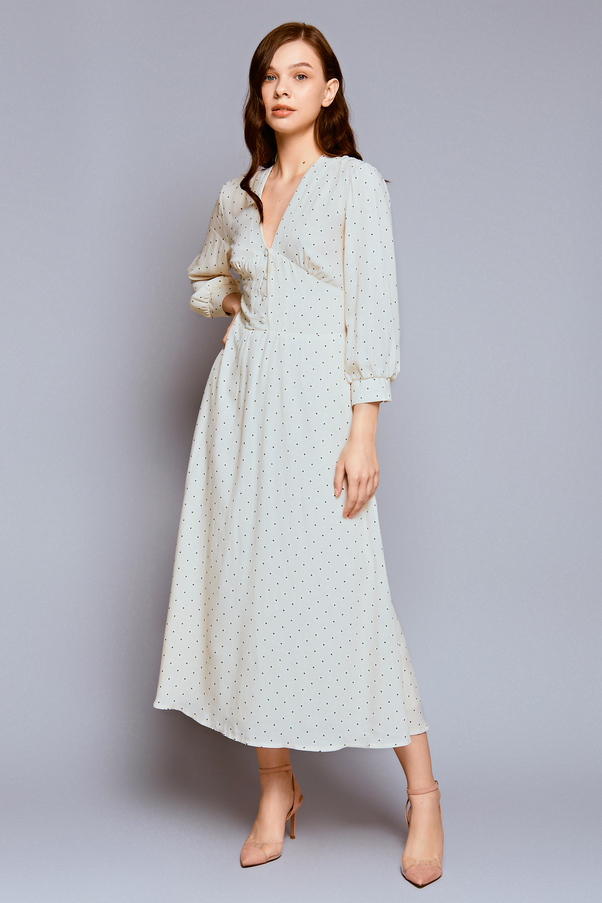 Milky white polka dot midi dress with V-neck and short sleeves, photo 2