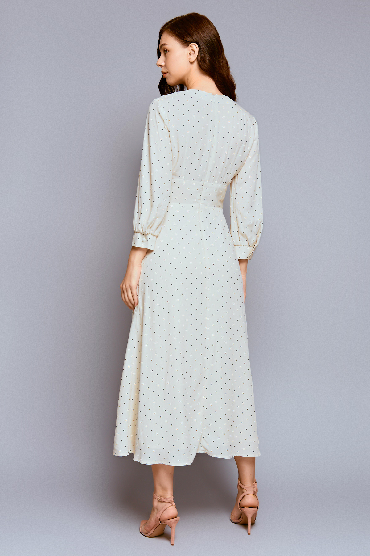Milky white polka dot midi dress with V-neck and short sleeves, photo 3