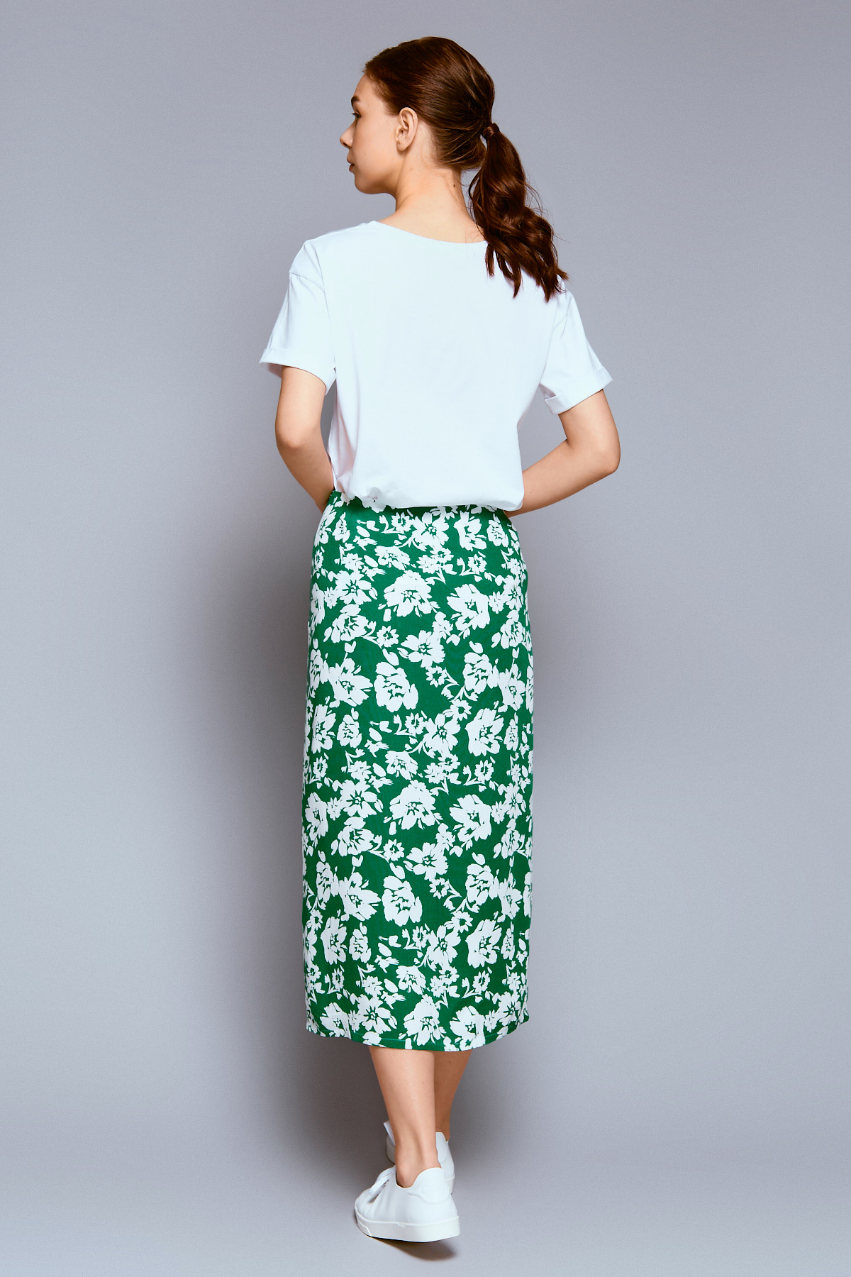 Green midi skirt with «white flowers» print and side slit, photo 3