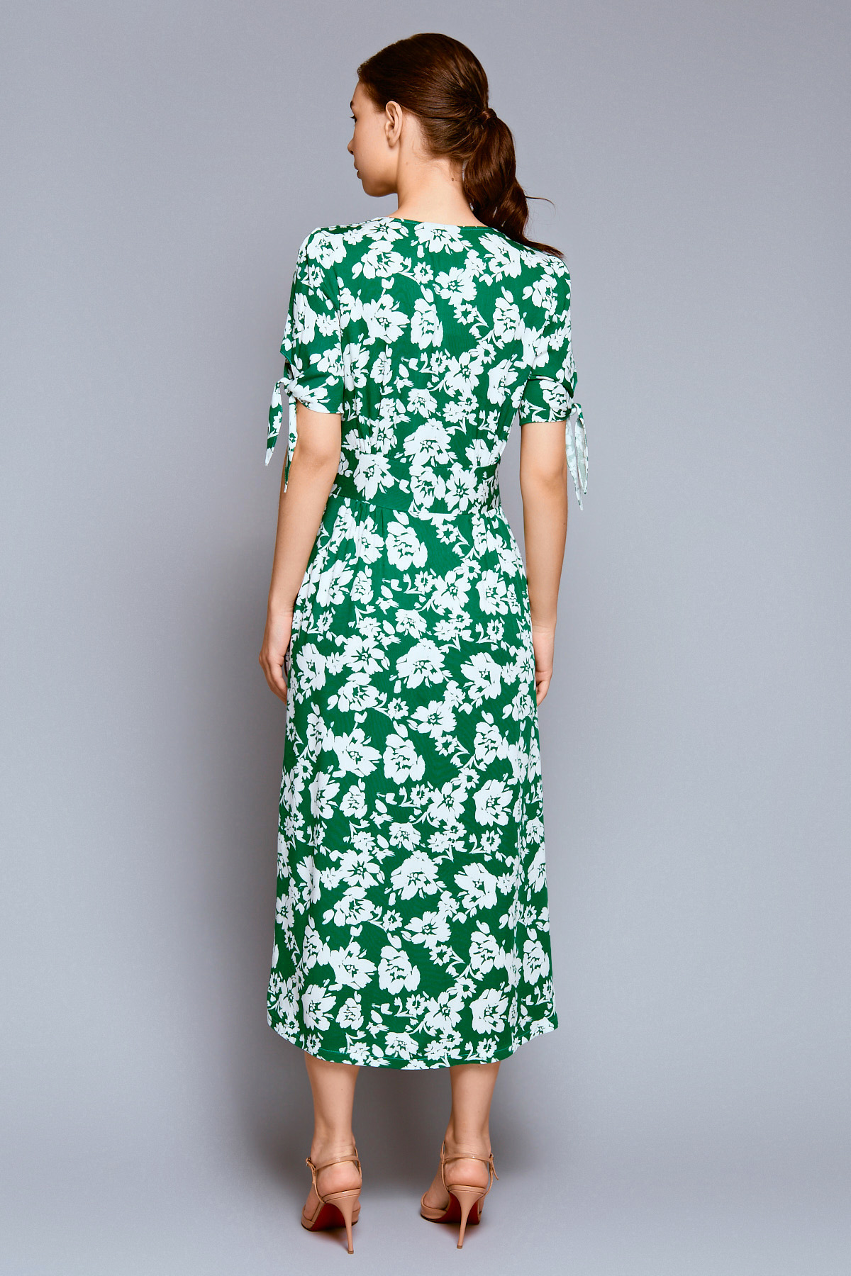 Green midi dress with «white flowers» print and V-neckline, photo 3