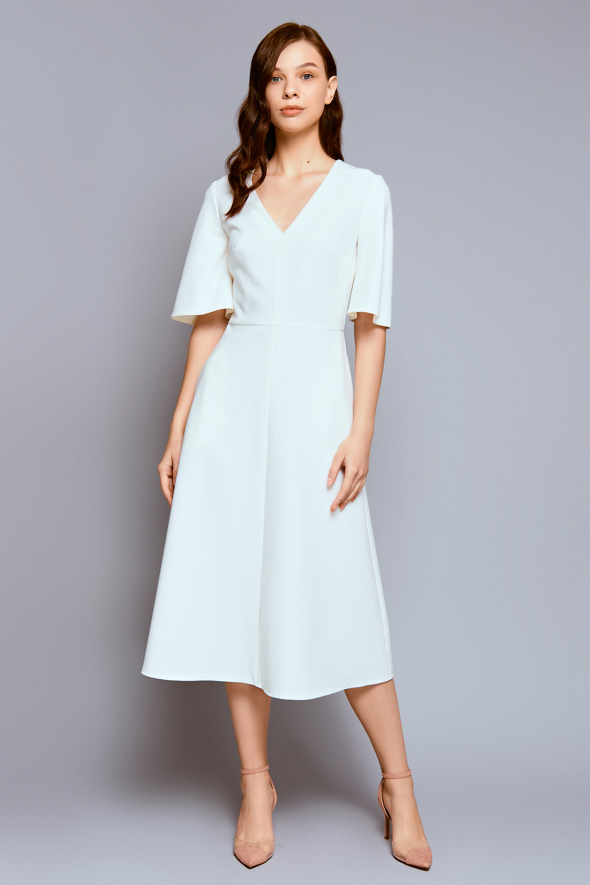 White midi dress with V-neck, photo 1
