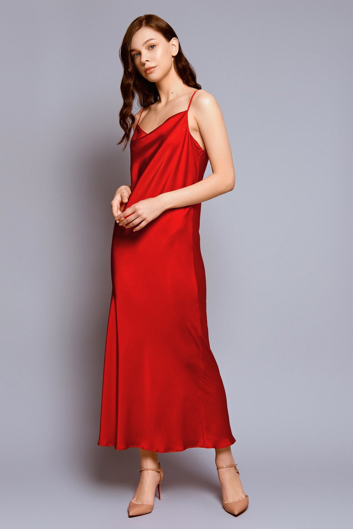 Red slip dress with draped neckline, photo 1