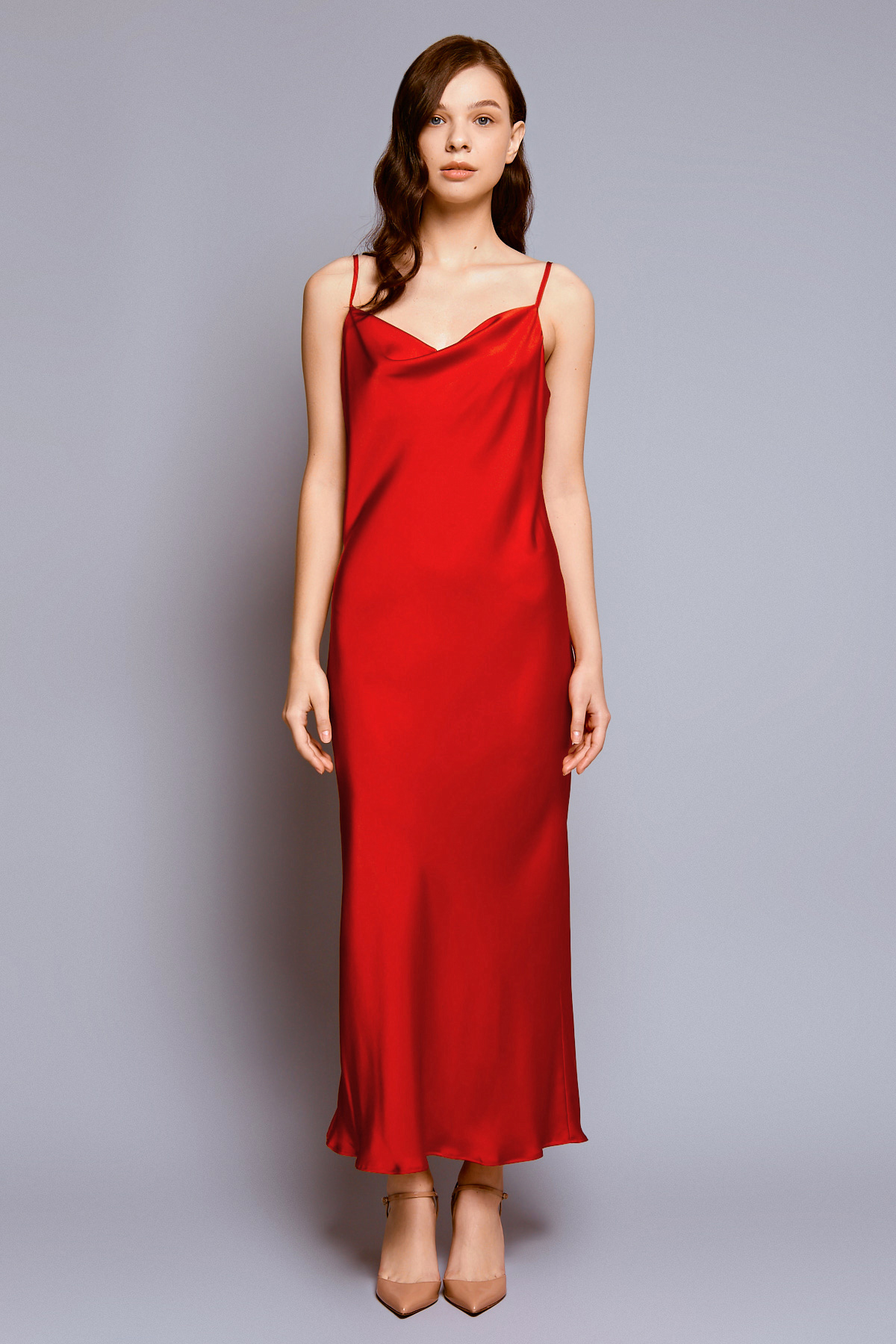 Red slip dress with draped neckline, photo 2