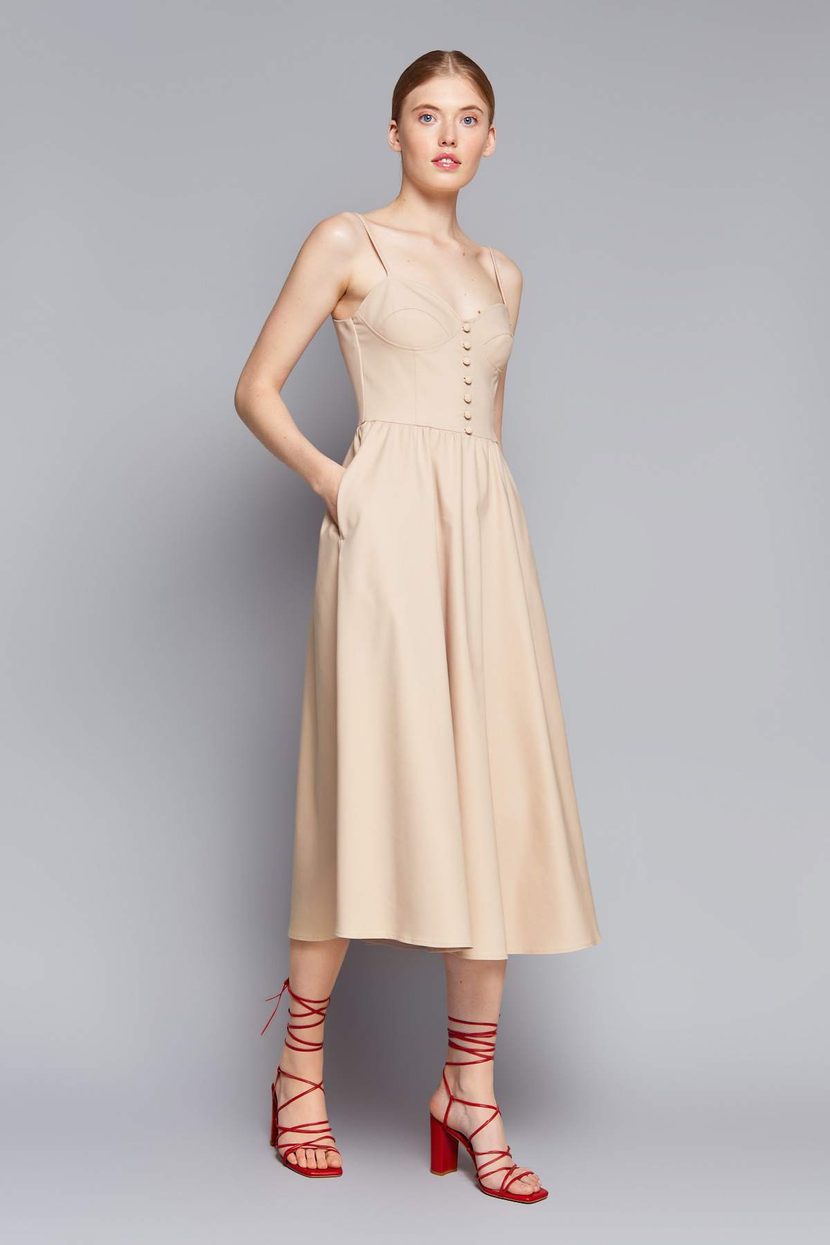 Beige fitted sundress on thin straps with buttons, photo 1