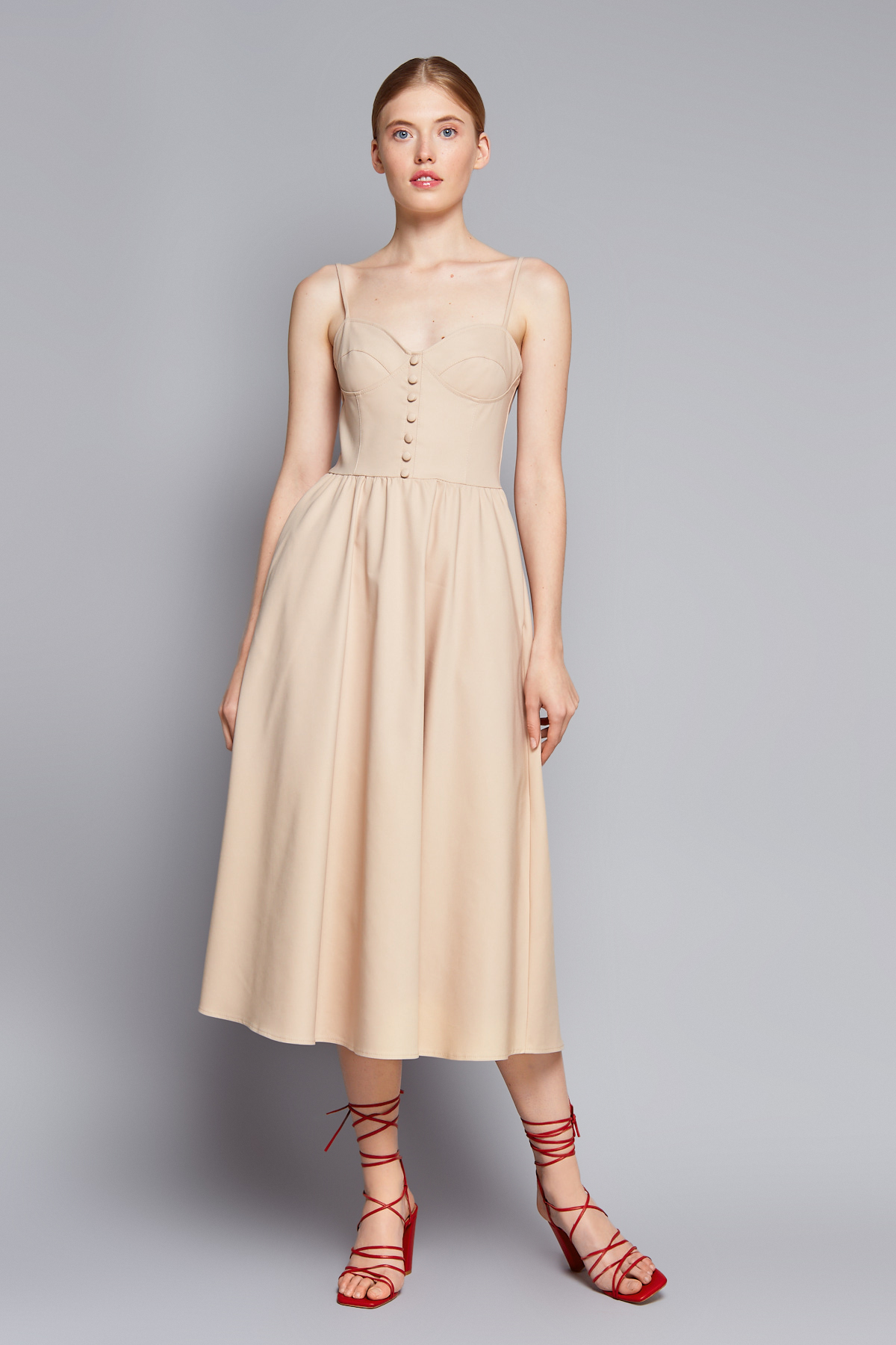 Beige fitted sundress on thin straps with buttons, photo 2