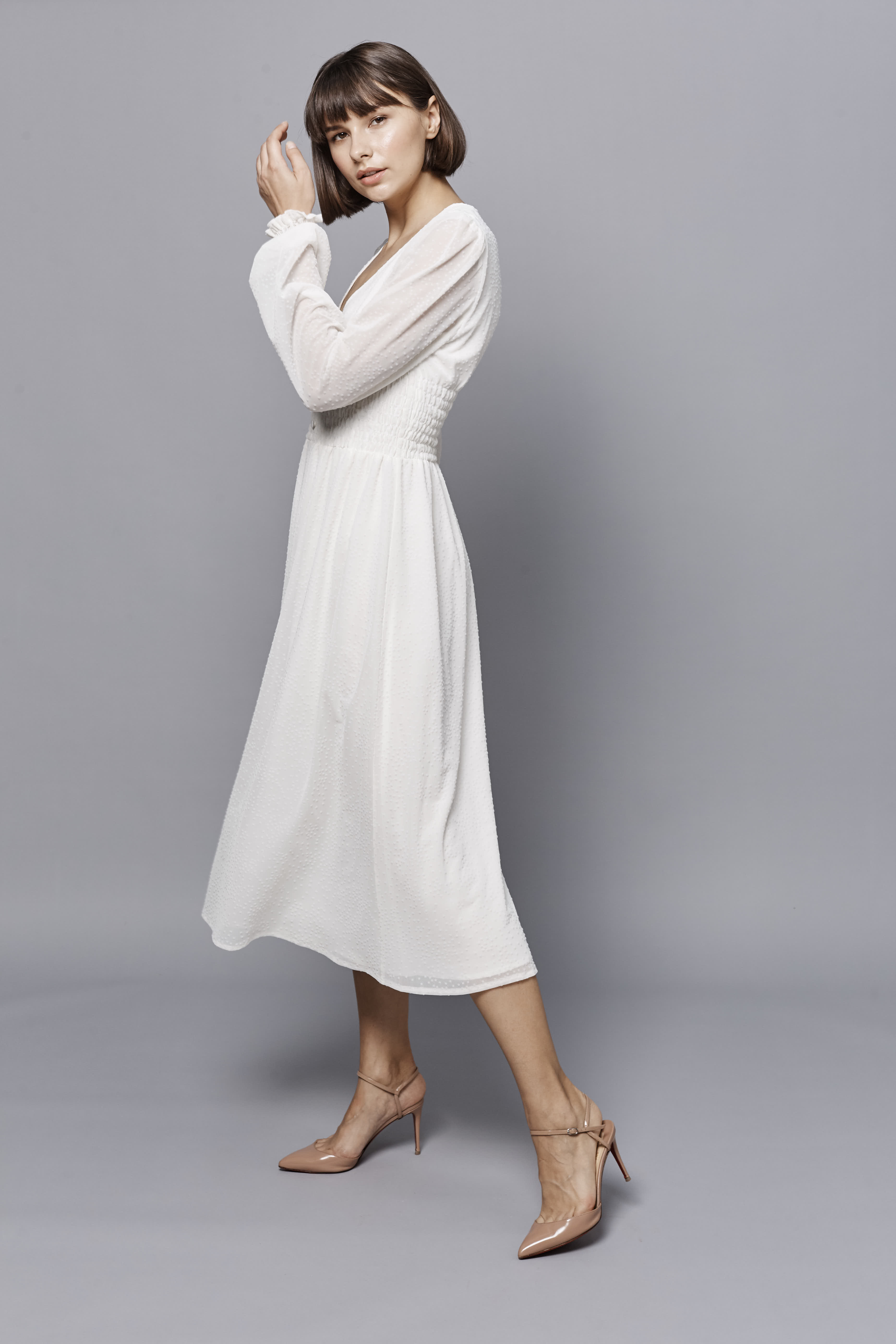 Сукня міді кольору екрю з довгими рукавами, фото 2
