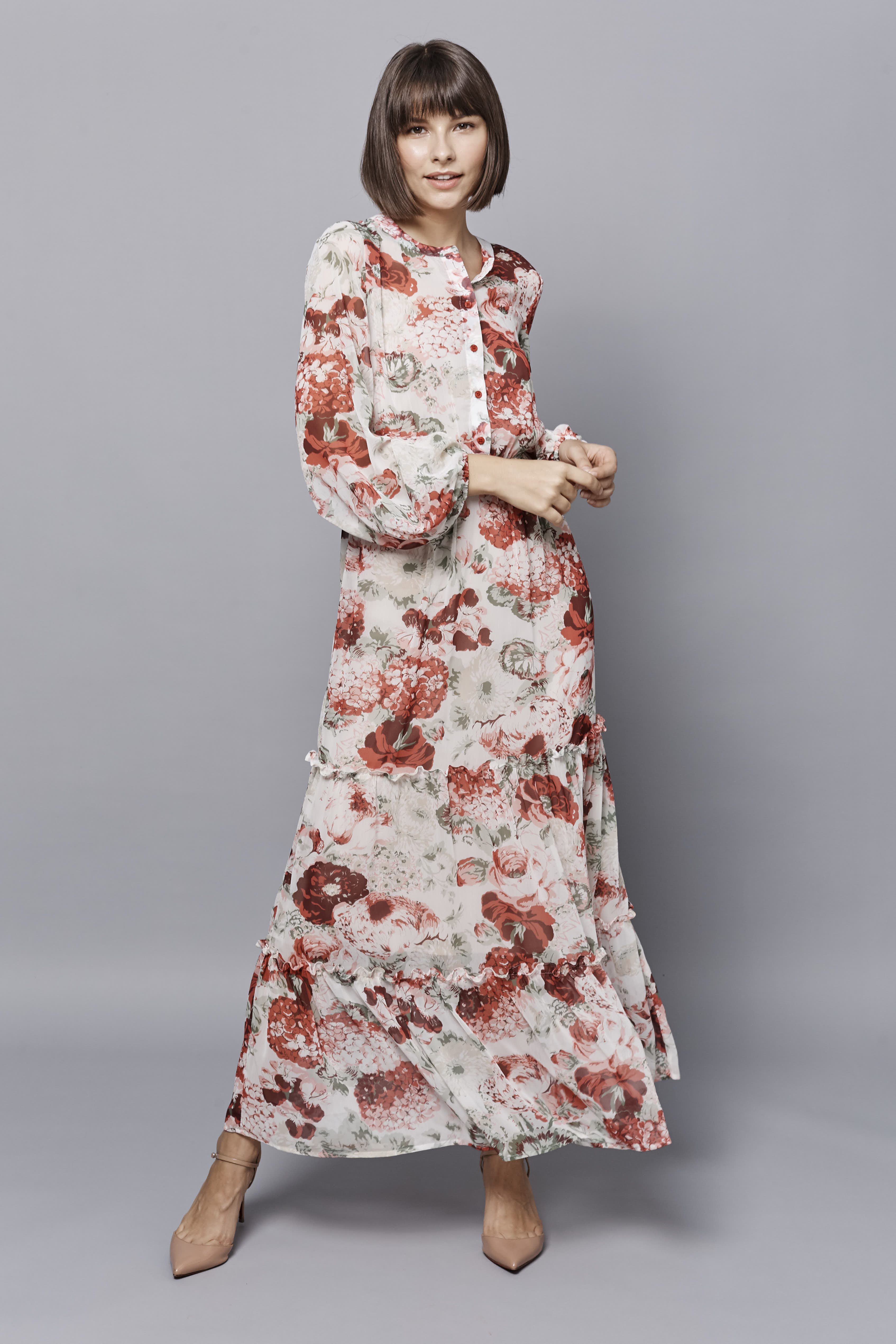 Midi dress with «red flowers» print with buttons, photo 1