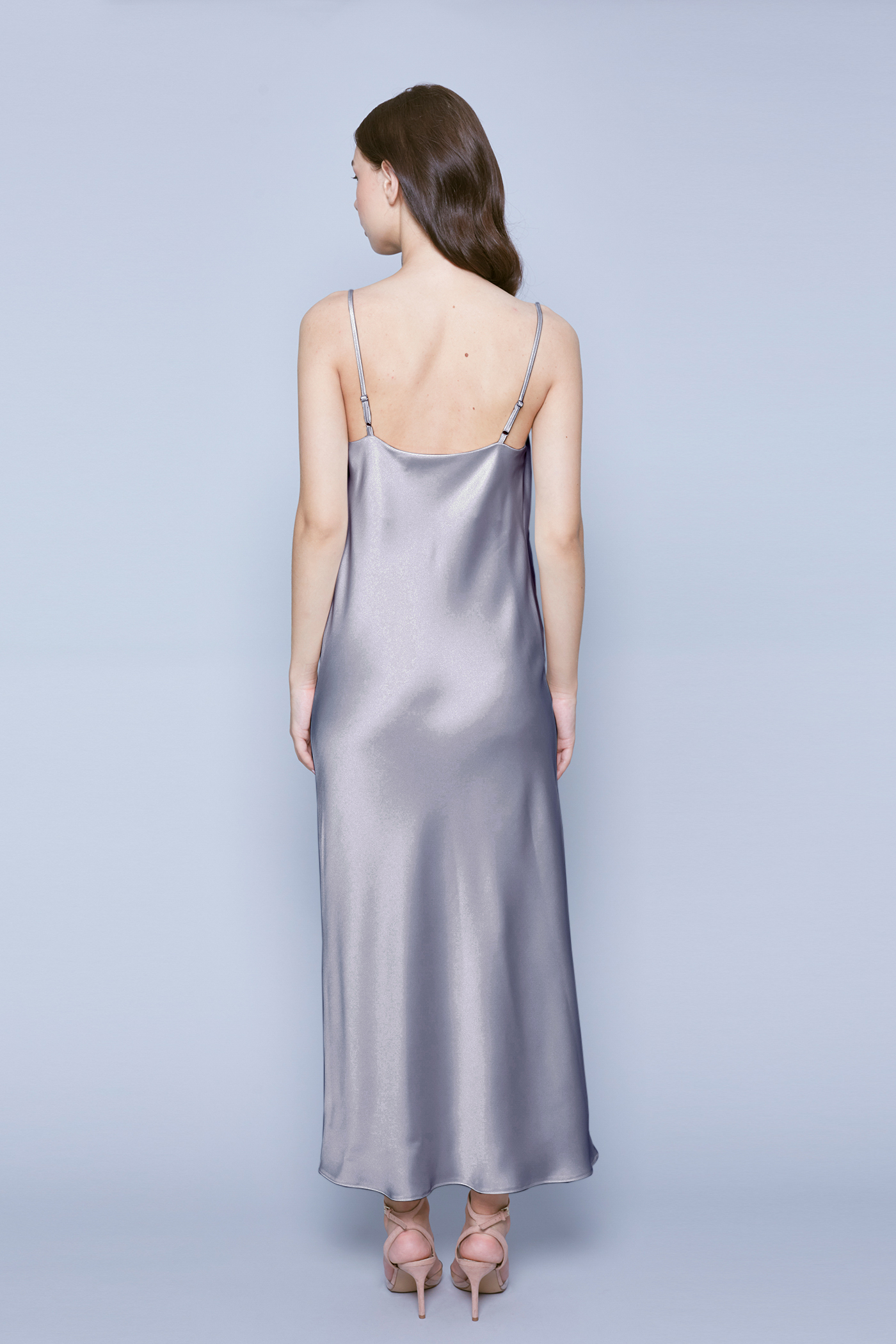 Grey midi slip dress with draped neckline , photo 1
