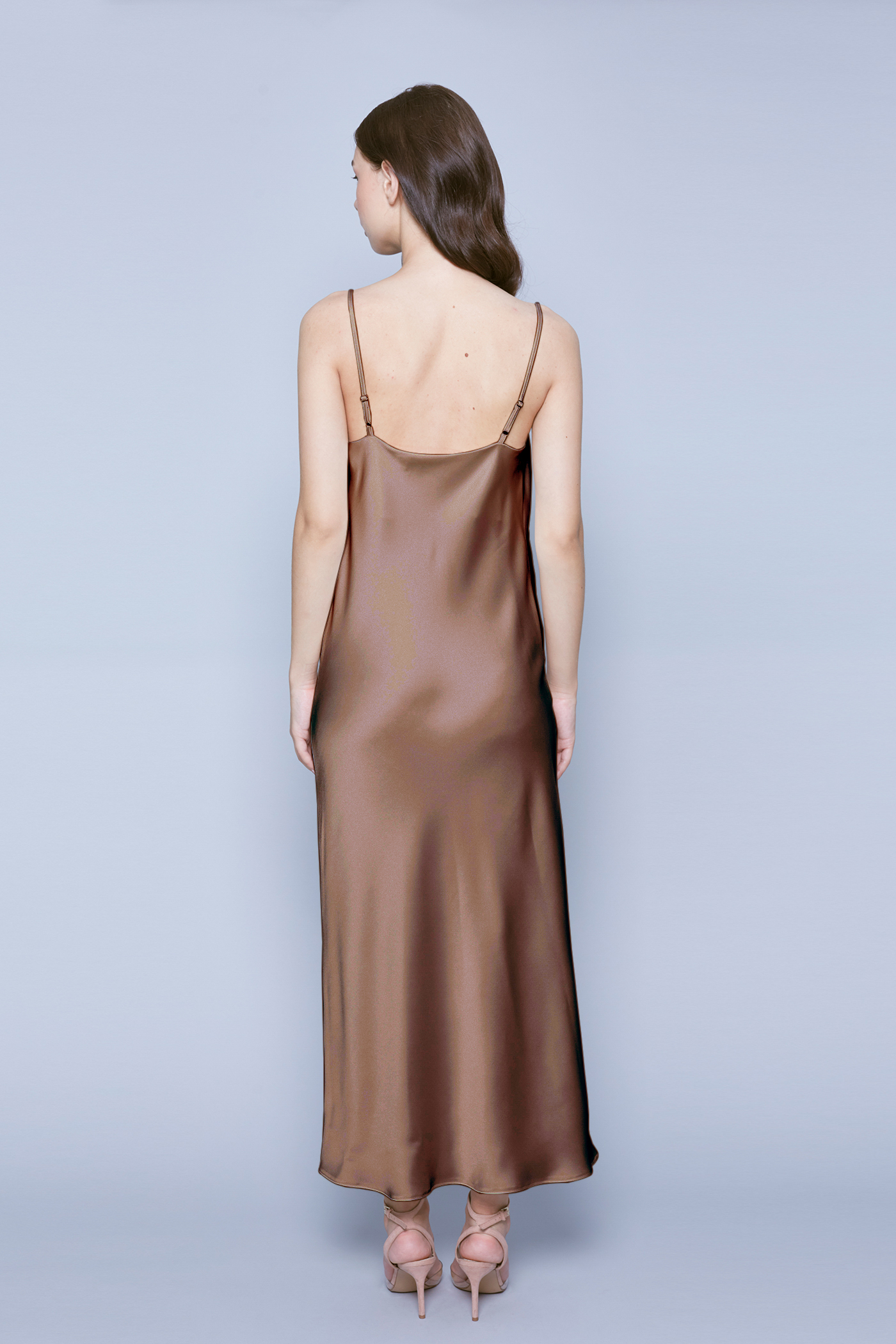 Dark beige midi slip dress with draped neckline , photo 3