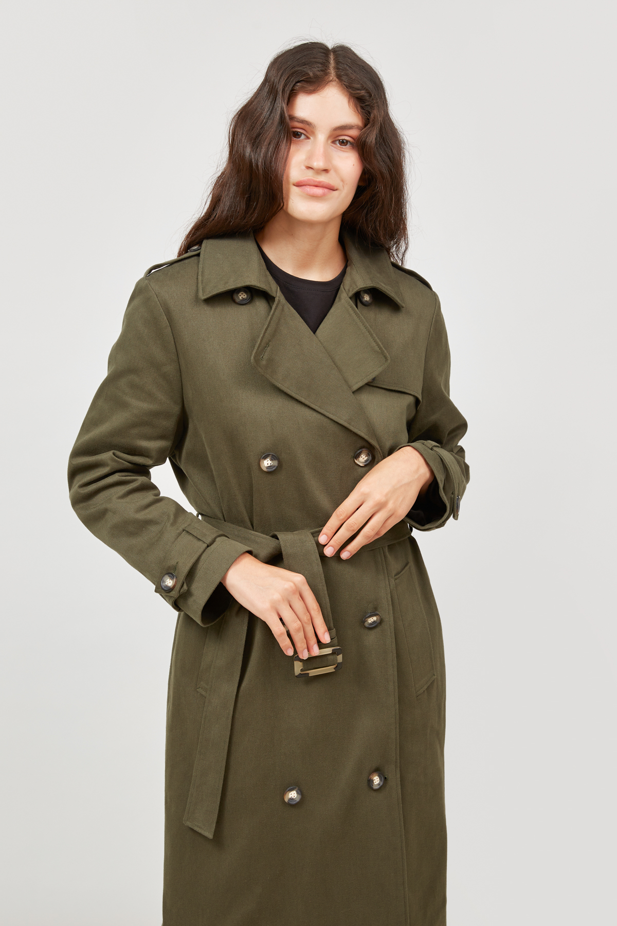 Khaki midi trench coat with horn buttons , photo 3
