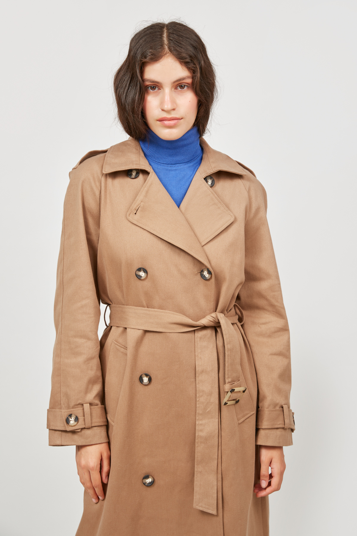 Dark beige midi trench coat with horn buttons , photo 3