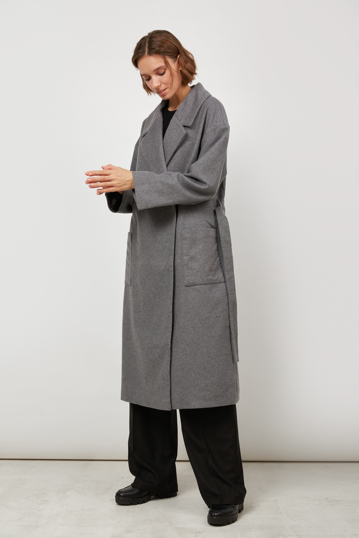 Сіре вовняне пальто міді з кашеміром, фото 1