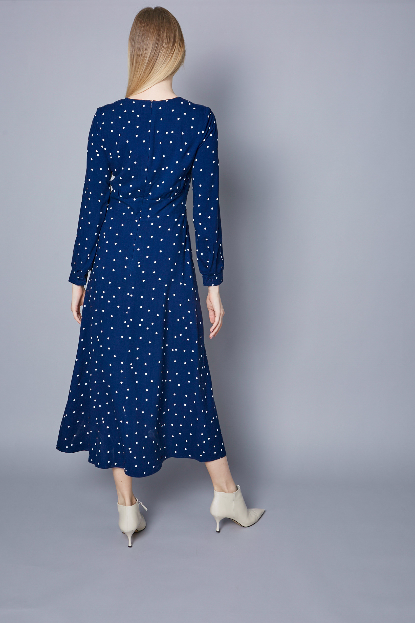Blue viscose midi dress with white polka dots with V-neck, photo 2