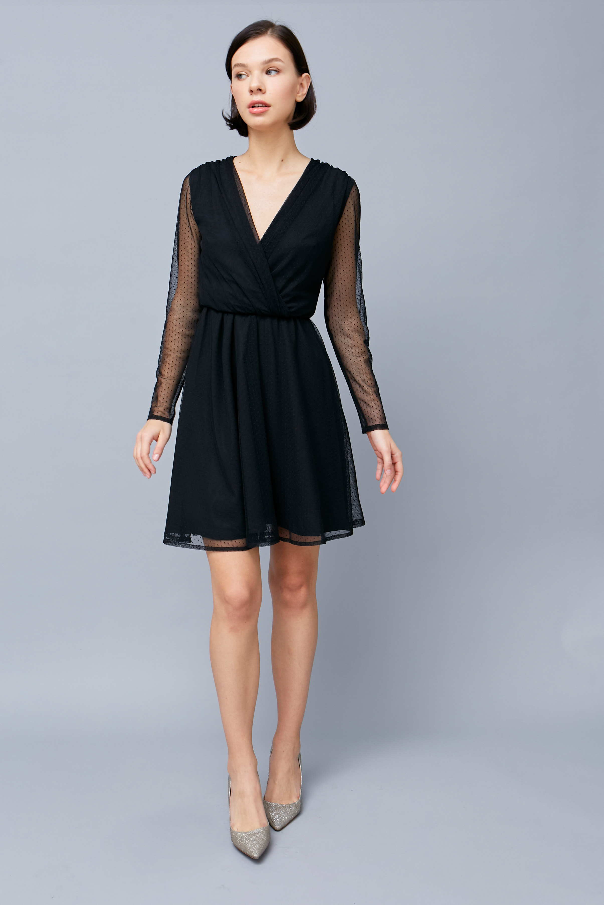 Коротка чорна сукня з сітки в точку з V-подібним вирізом, фото 4