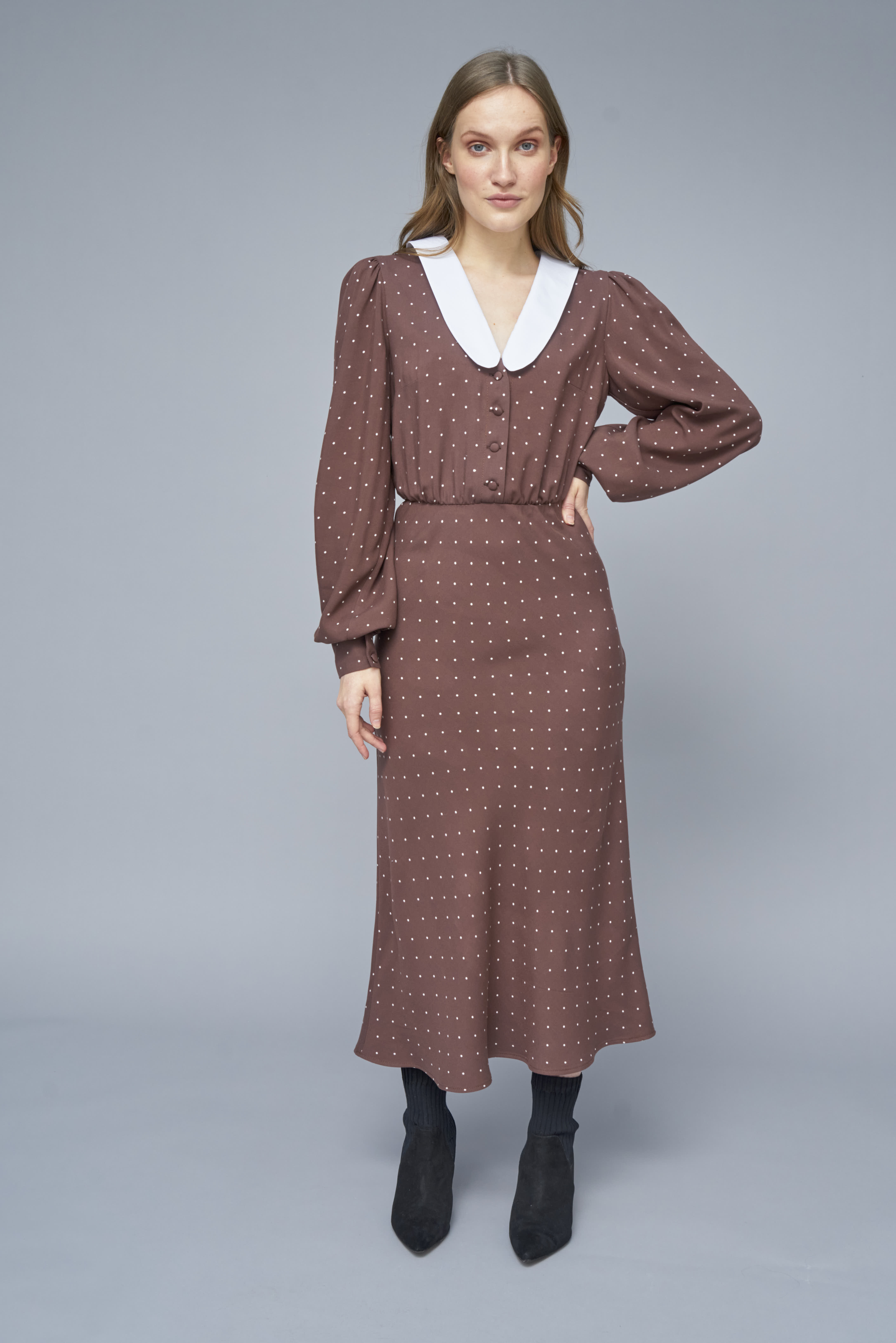 Brown viscose midi dress  with print, photo 1