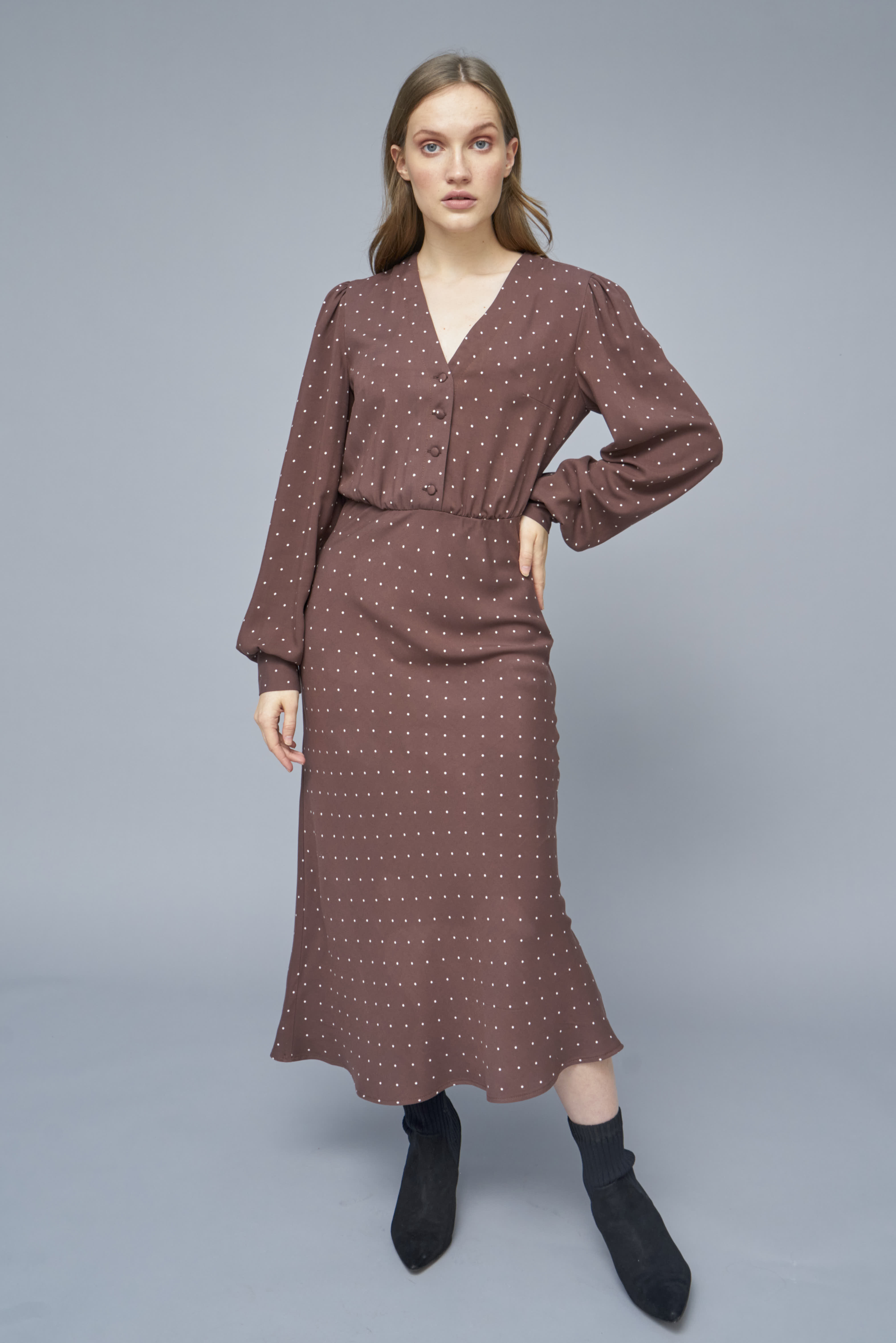 Brown viscose midi dress  with print, photo 7