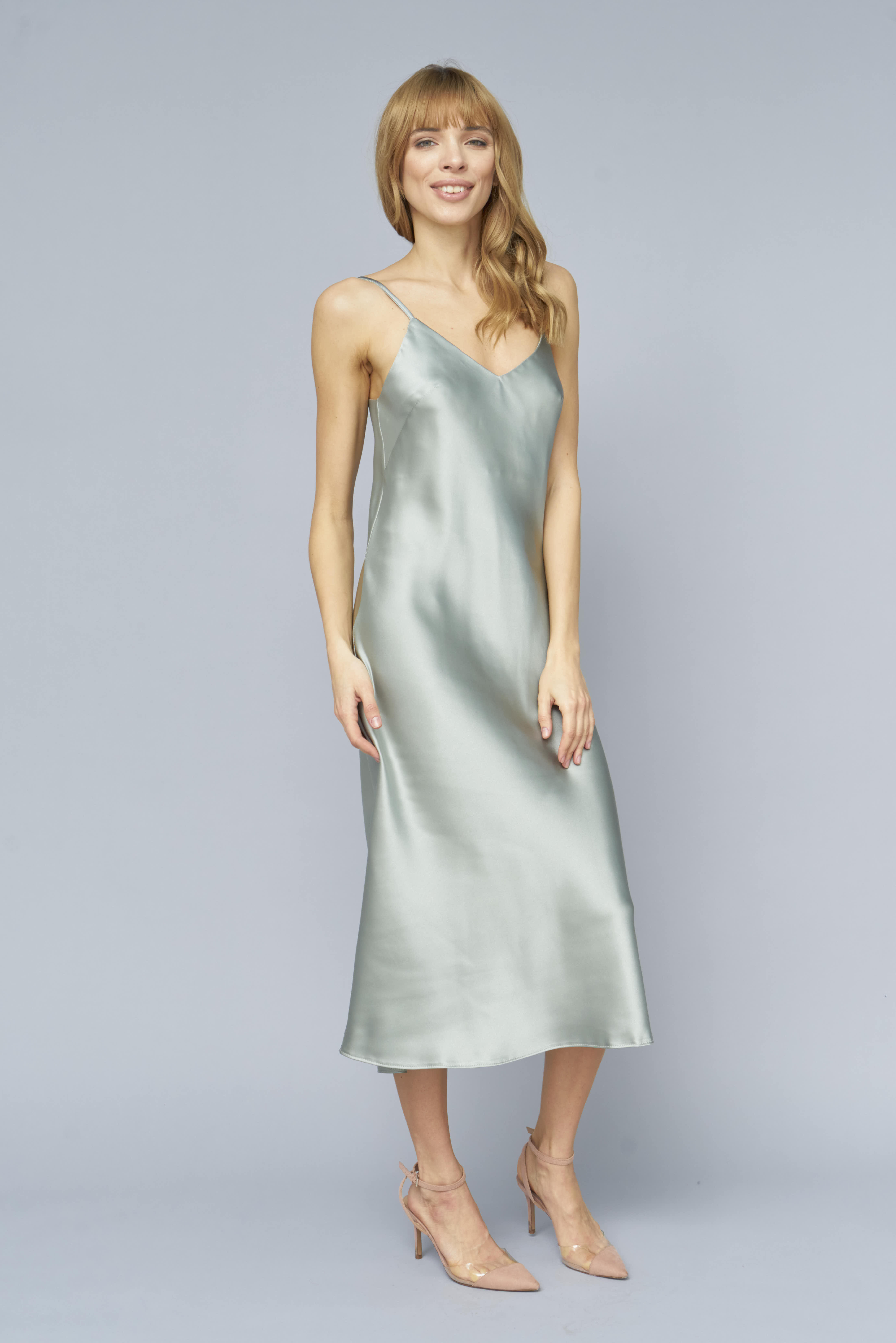 Light olive dress-combination with dense satin, photo 1