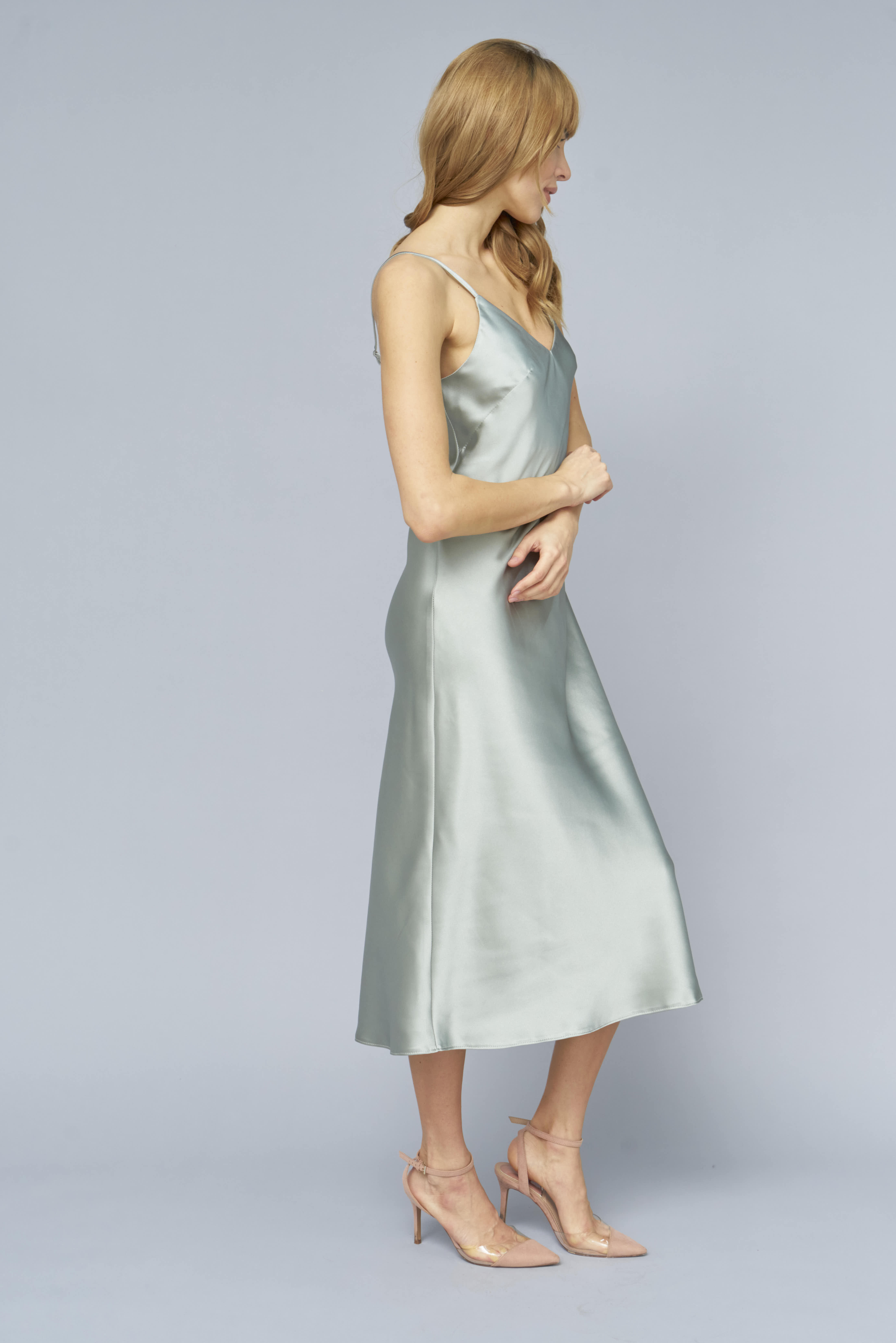 Сукня-комбінація світло-оливкового кольору зі щільного сатину, фото 2