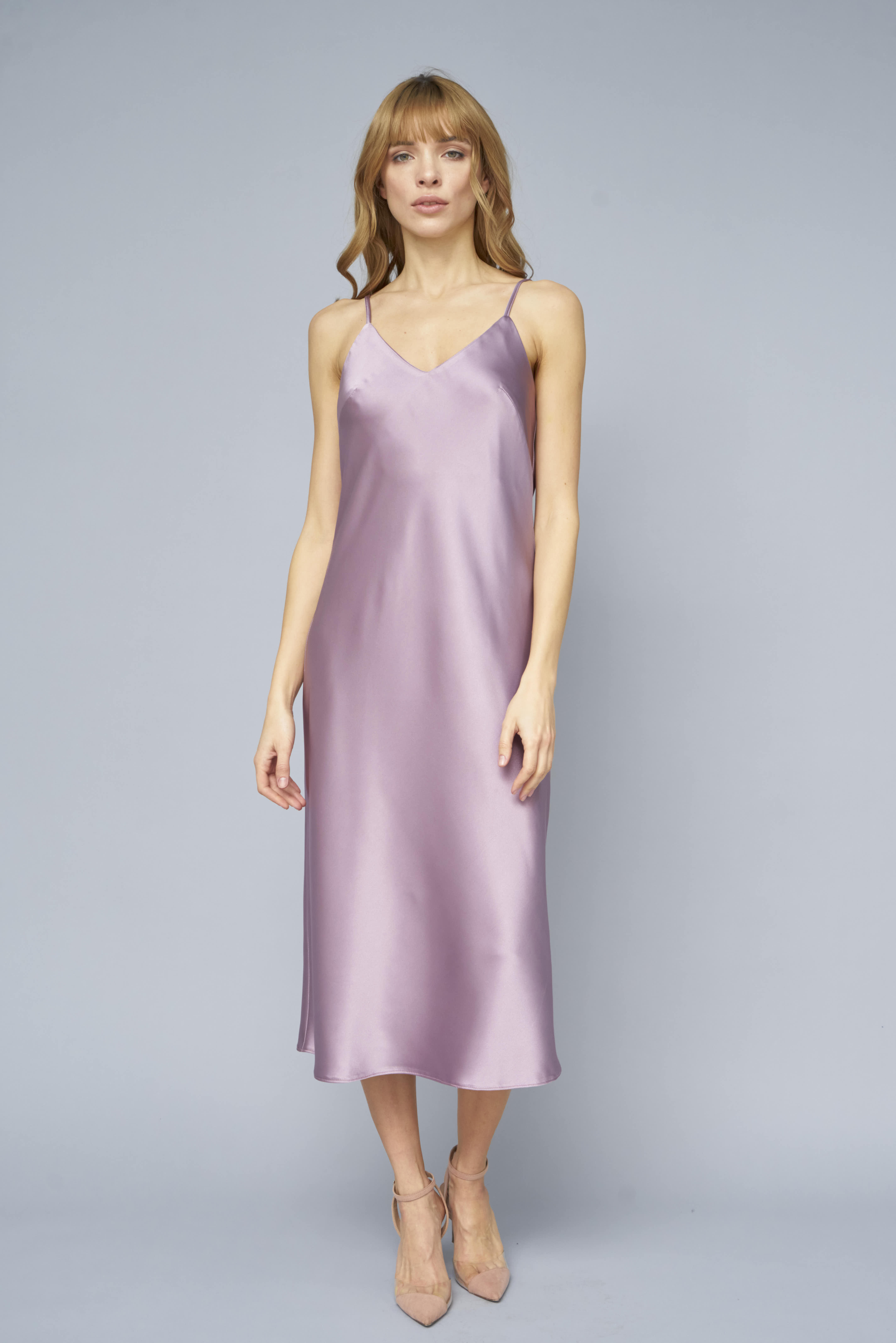 Сукня-комбінація бузкового кольору зі щільного сатину, фото 1