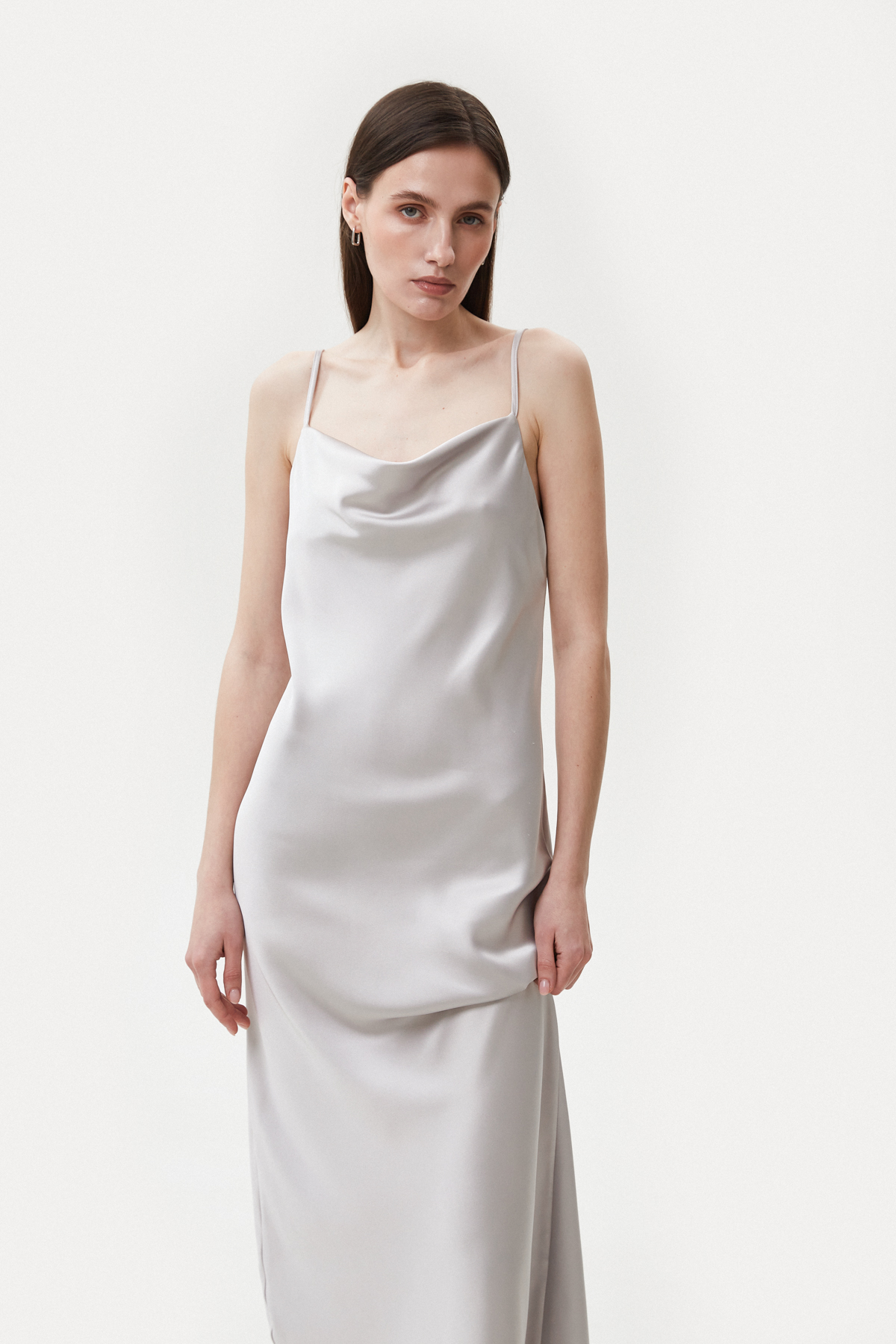 Steel colored slip dress with draped neckline with dense satin , photo 2