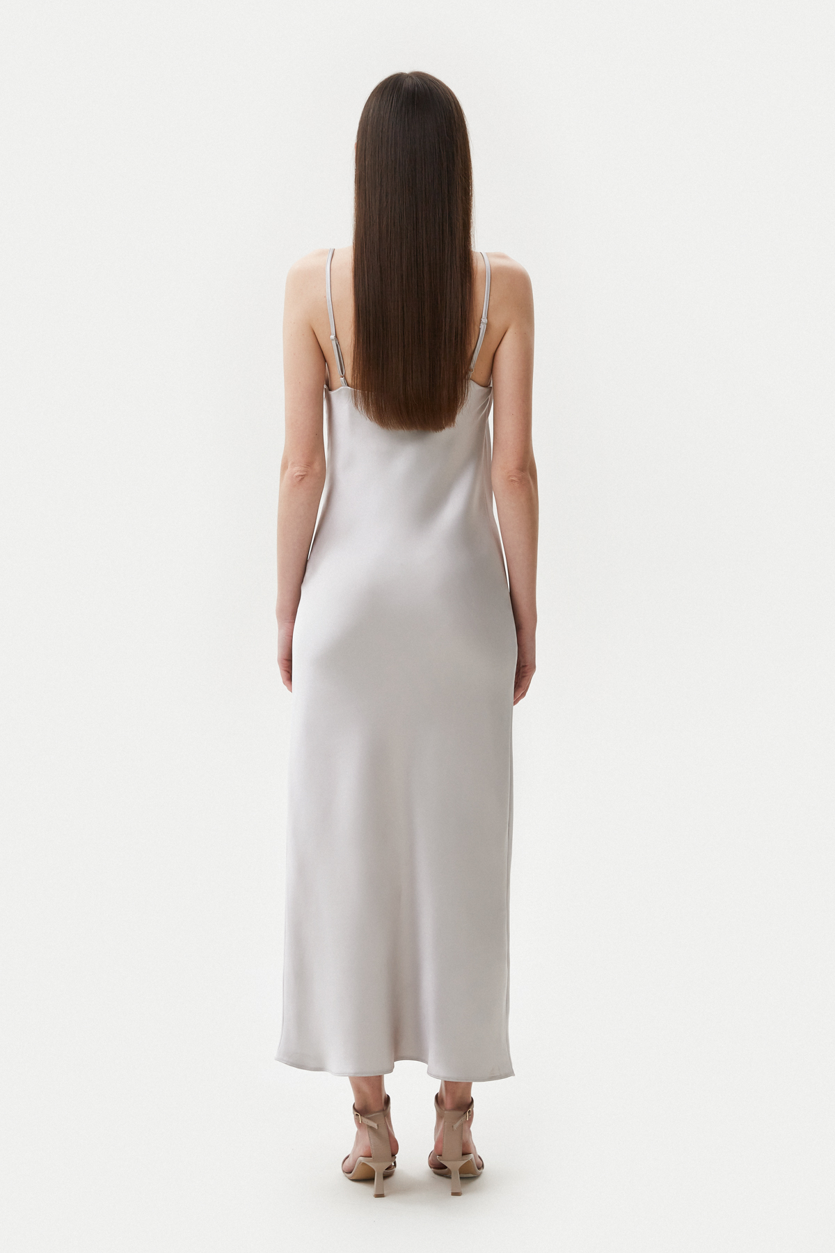 Steel colored slip dress with draped neckline with dense satin , photo 3