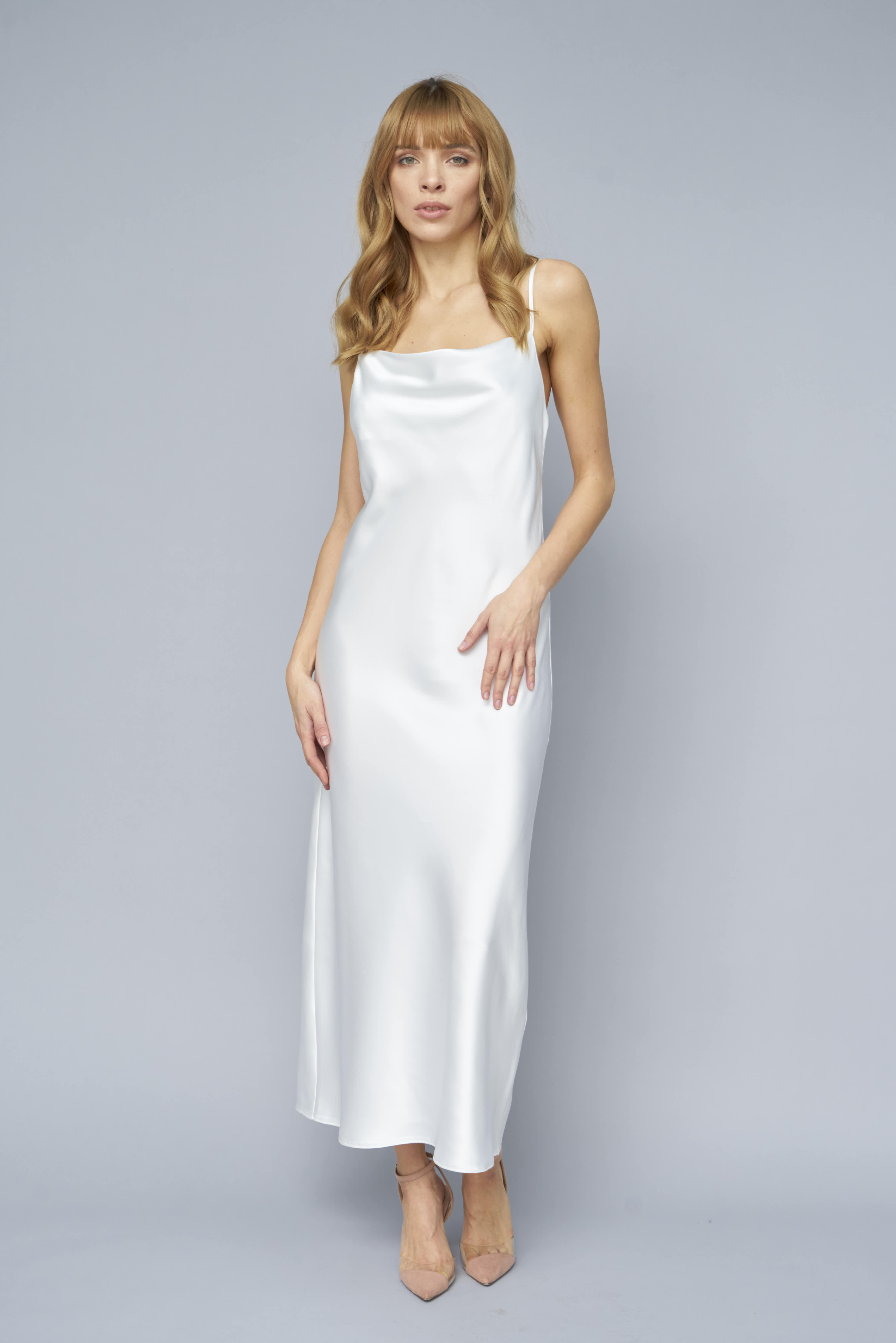 White slip dress with draped neckline with dense satin , photo 2