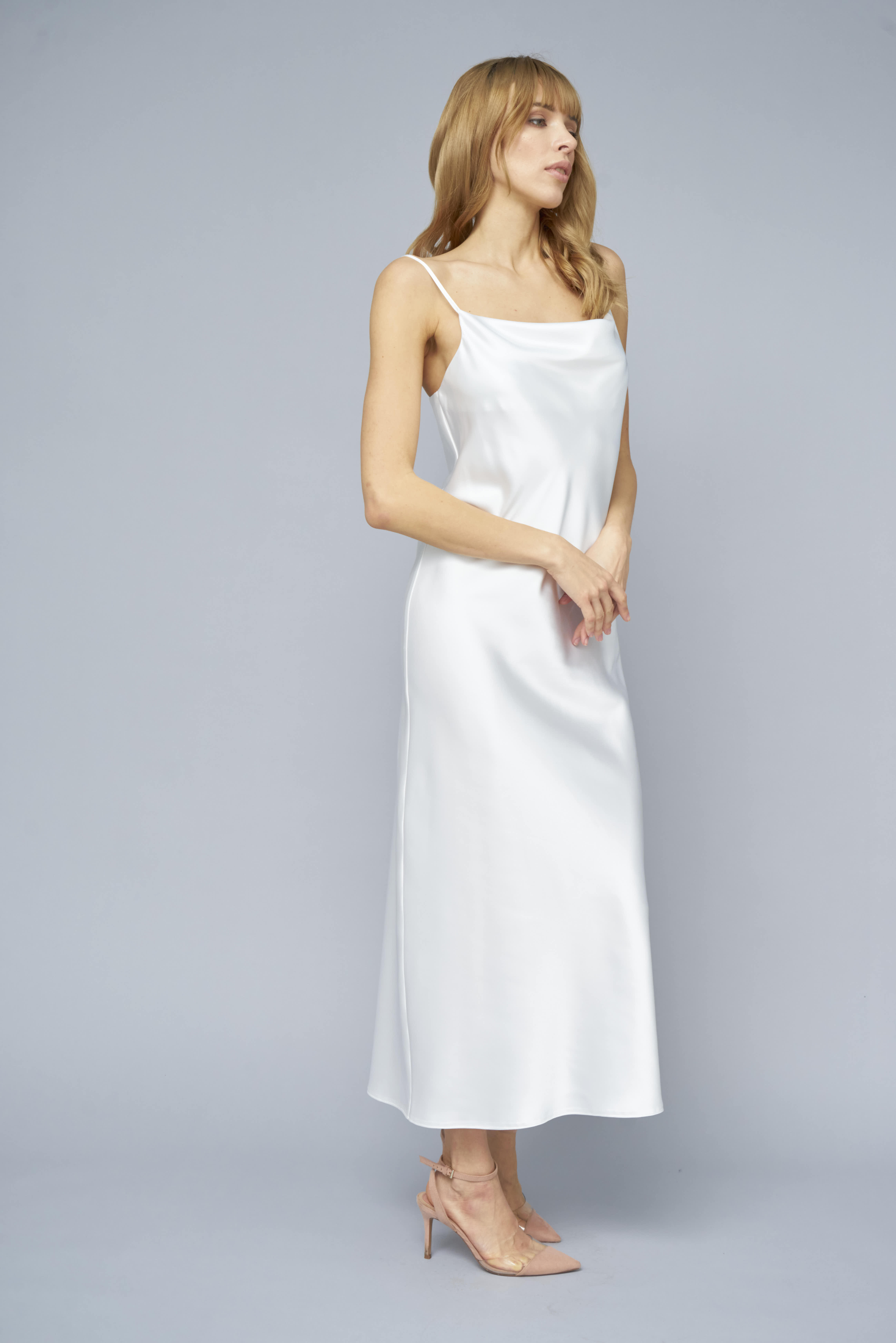 White slip dress with draped neckline with dense satin , photo 4