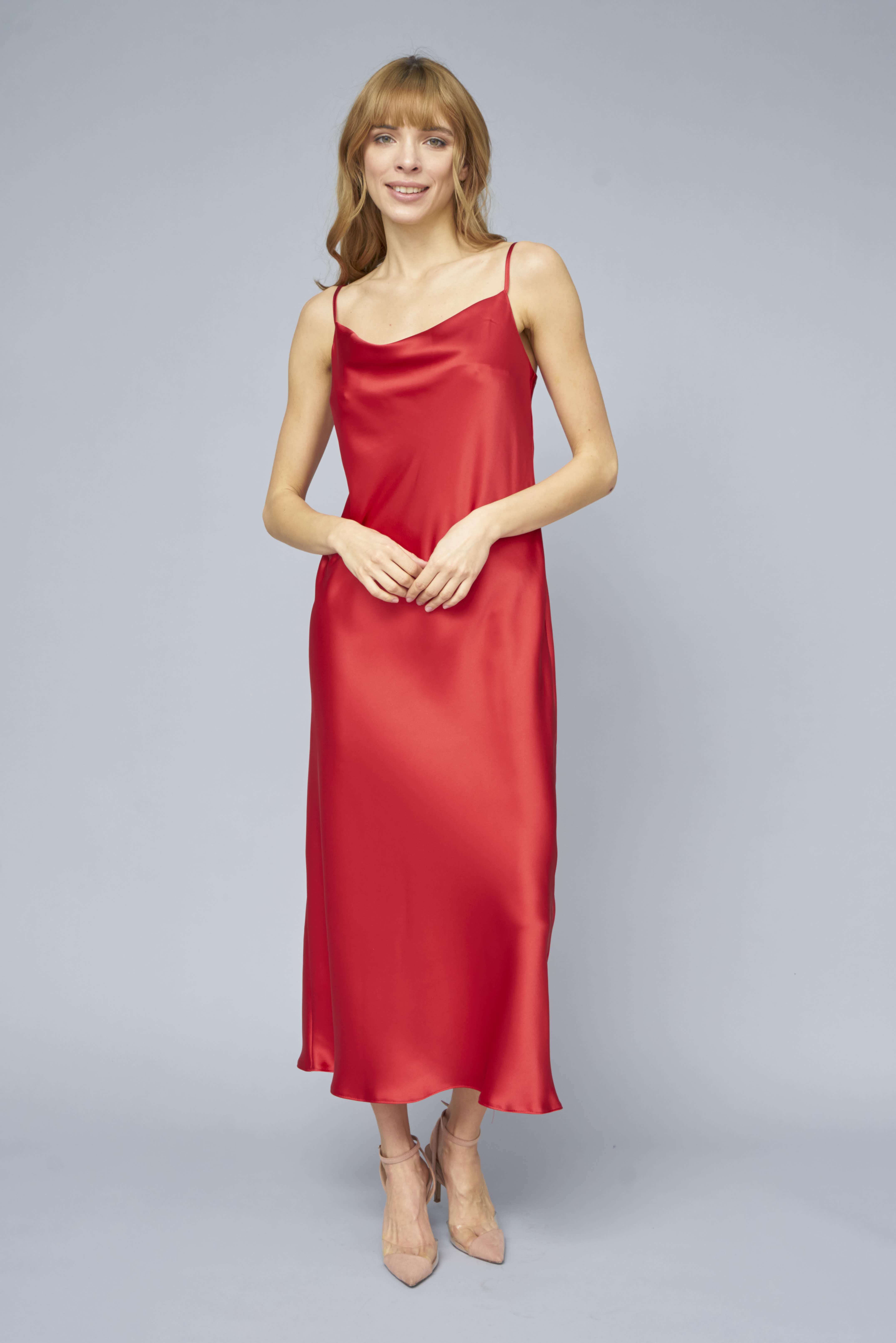 Red slip dress with draped neckline with dense satin, photo 1