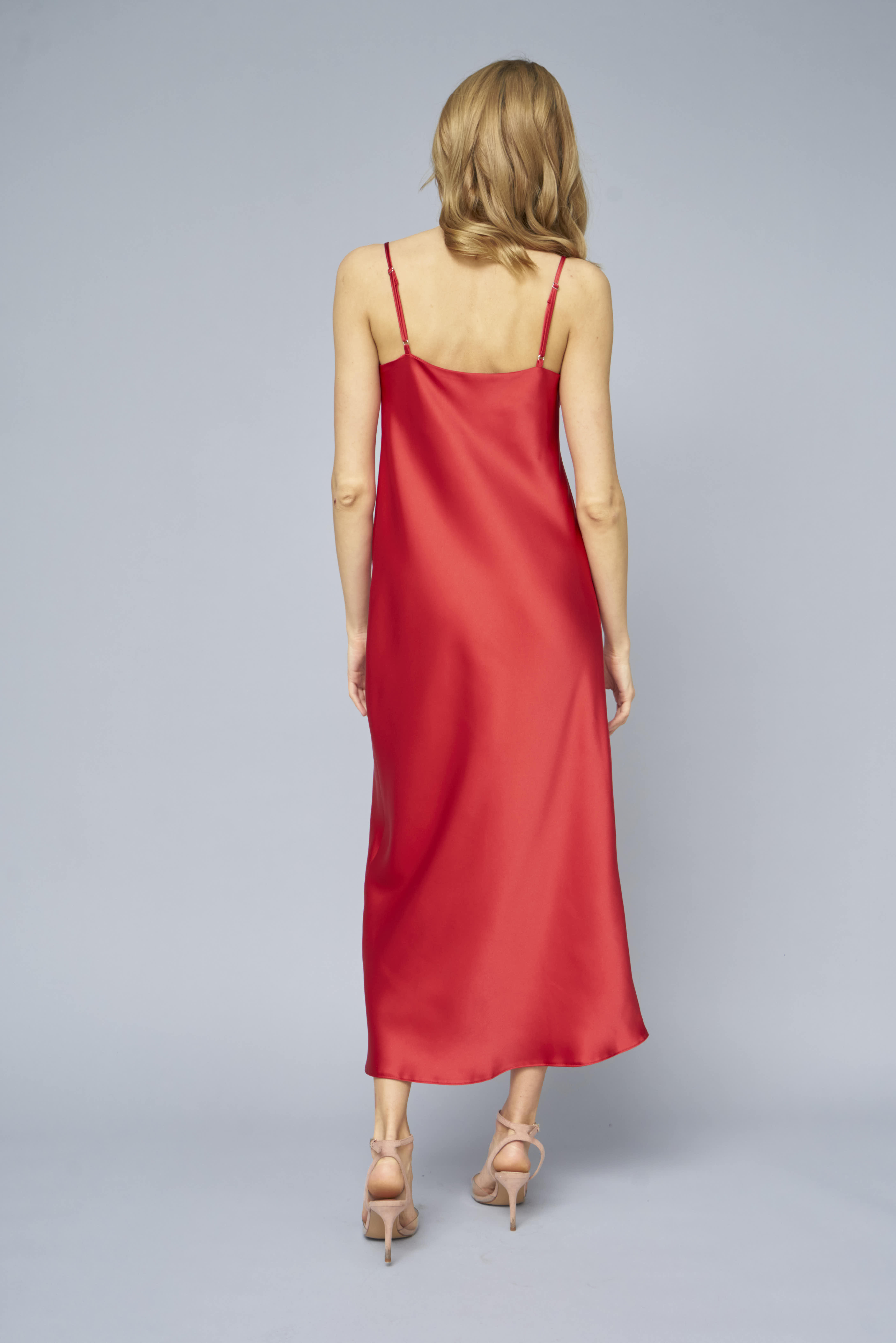 Red slip dress with draped neckline with dense satin, photo 4