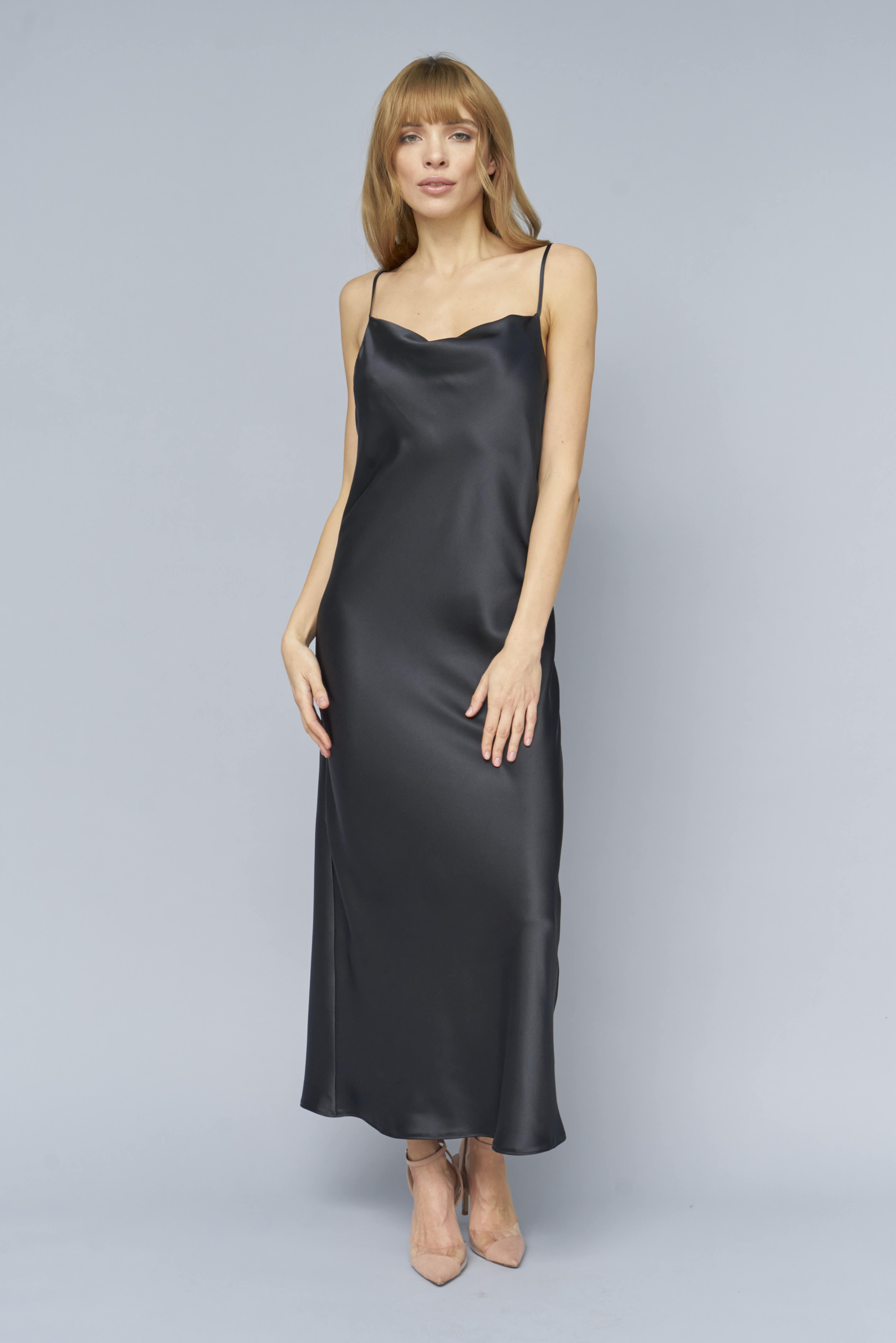 Black slip dress with draped neckline with dense satin , photo 2