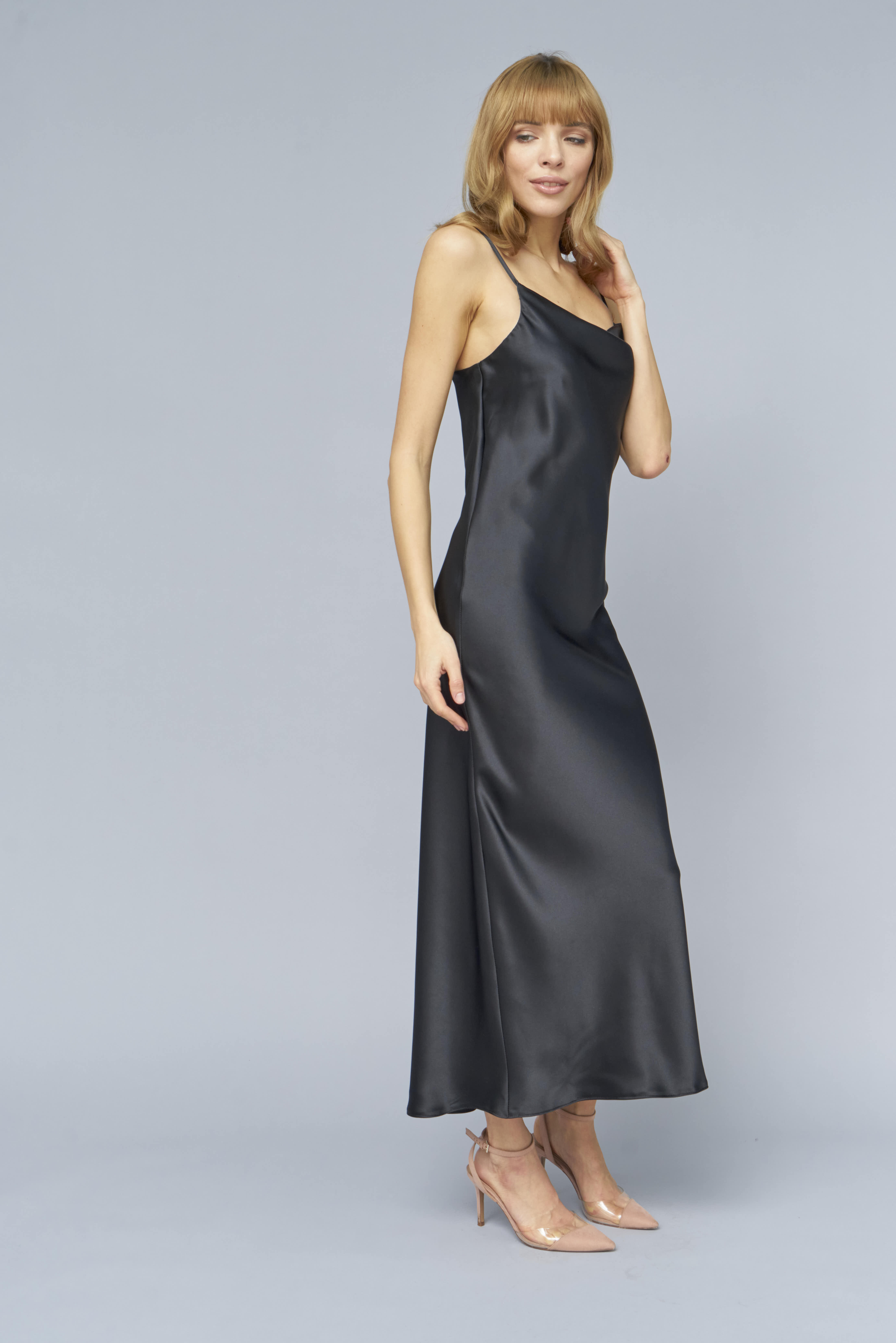 Black slip dress with draped neckline with dense satin , photo 3