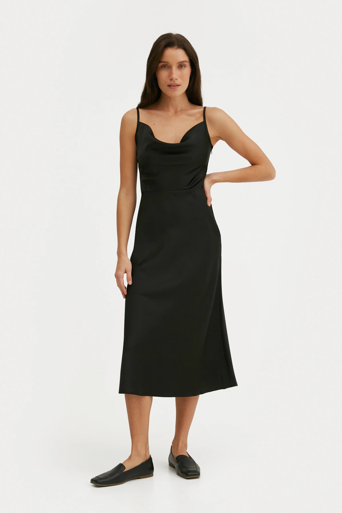 Black slip dress with draped neckline with dense satin, photo 2