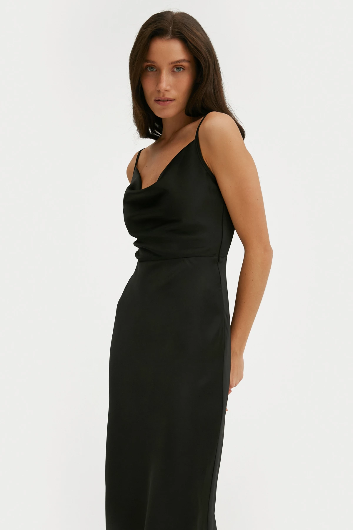 Black slip dress with draped neckline with dense satin, photo 4