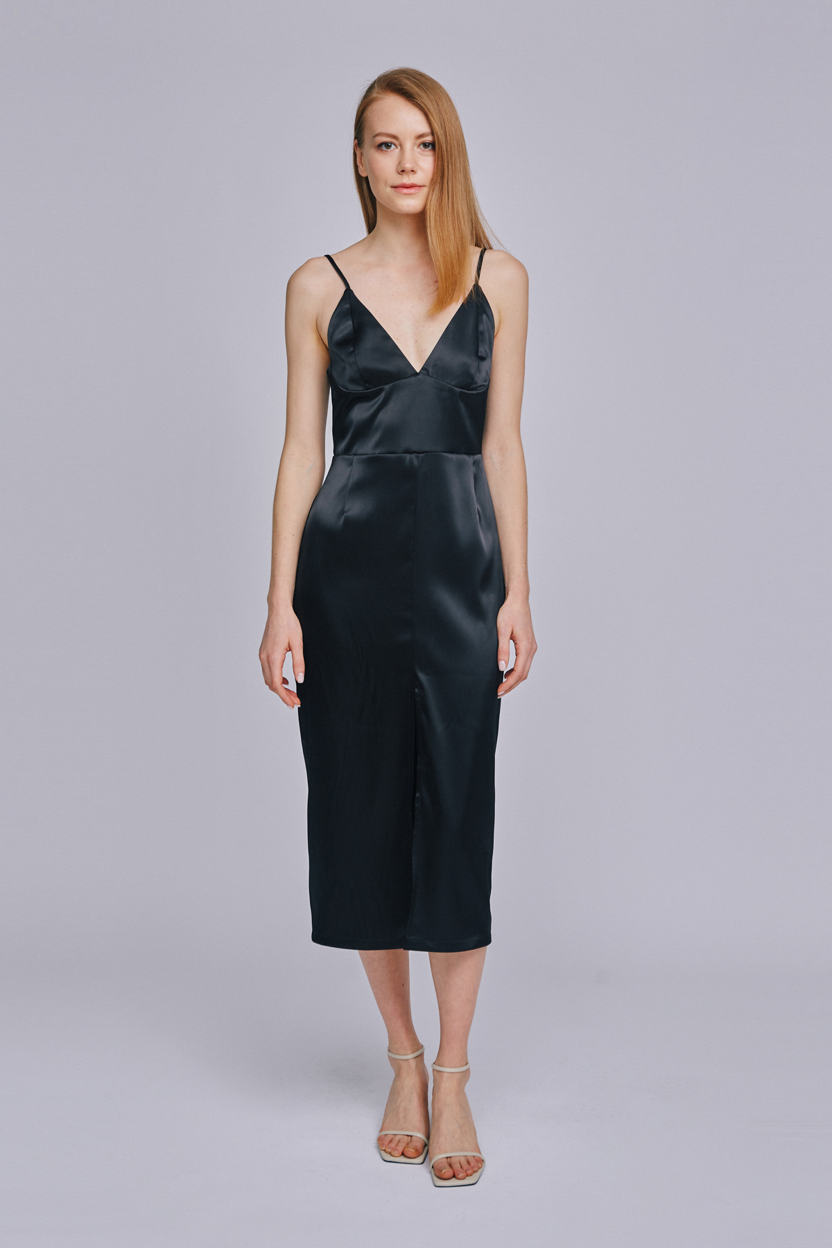 Чорна сукня-комбінація зі щільного атласу з відрізною лінією талії, фото 2