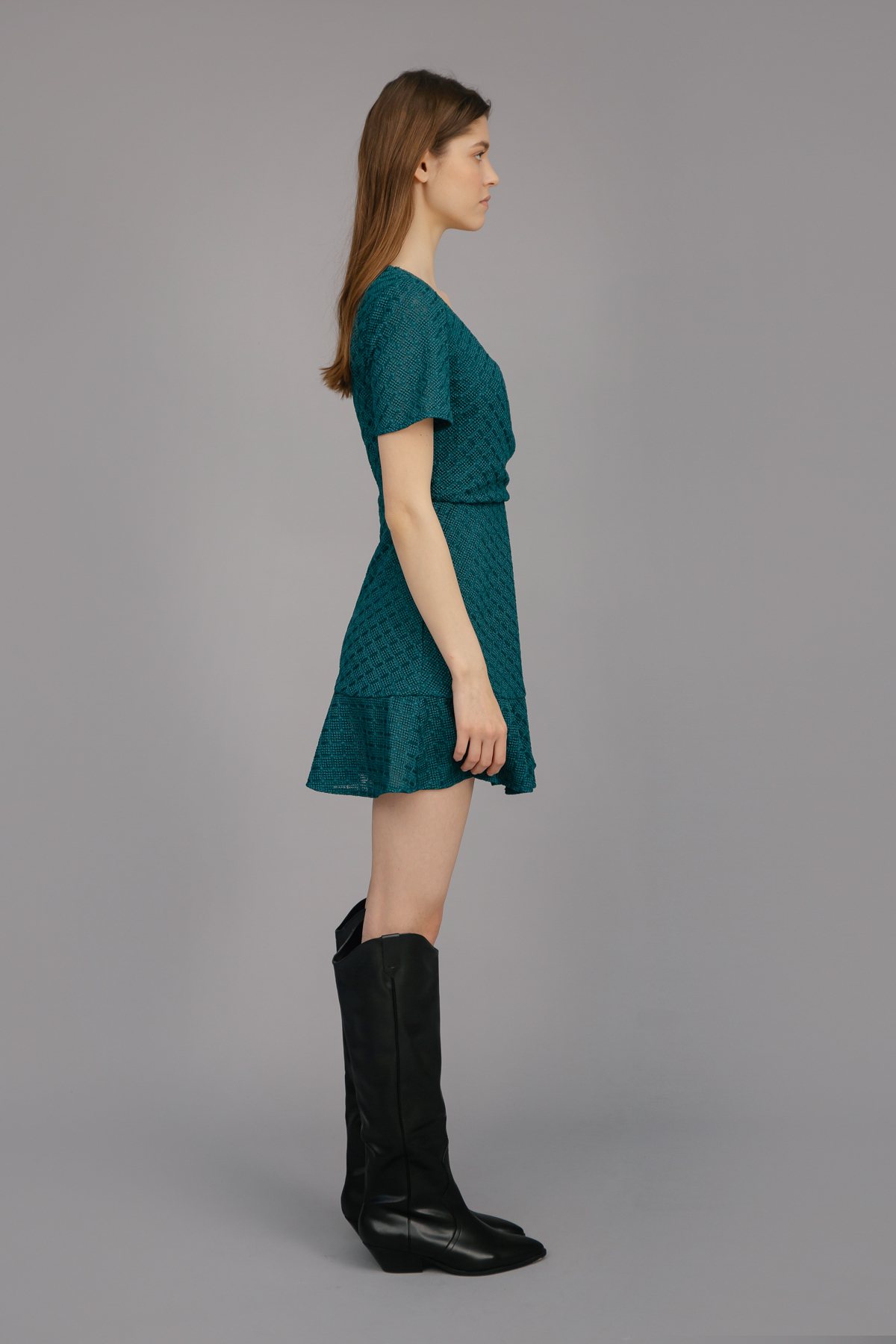 Темно-зелена мереживна сукня міні, фото 5