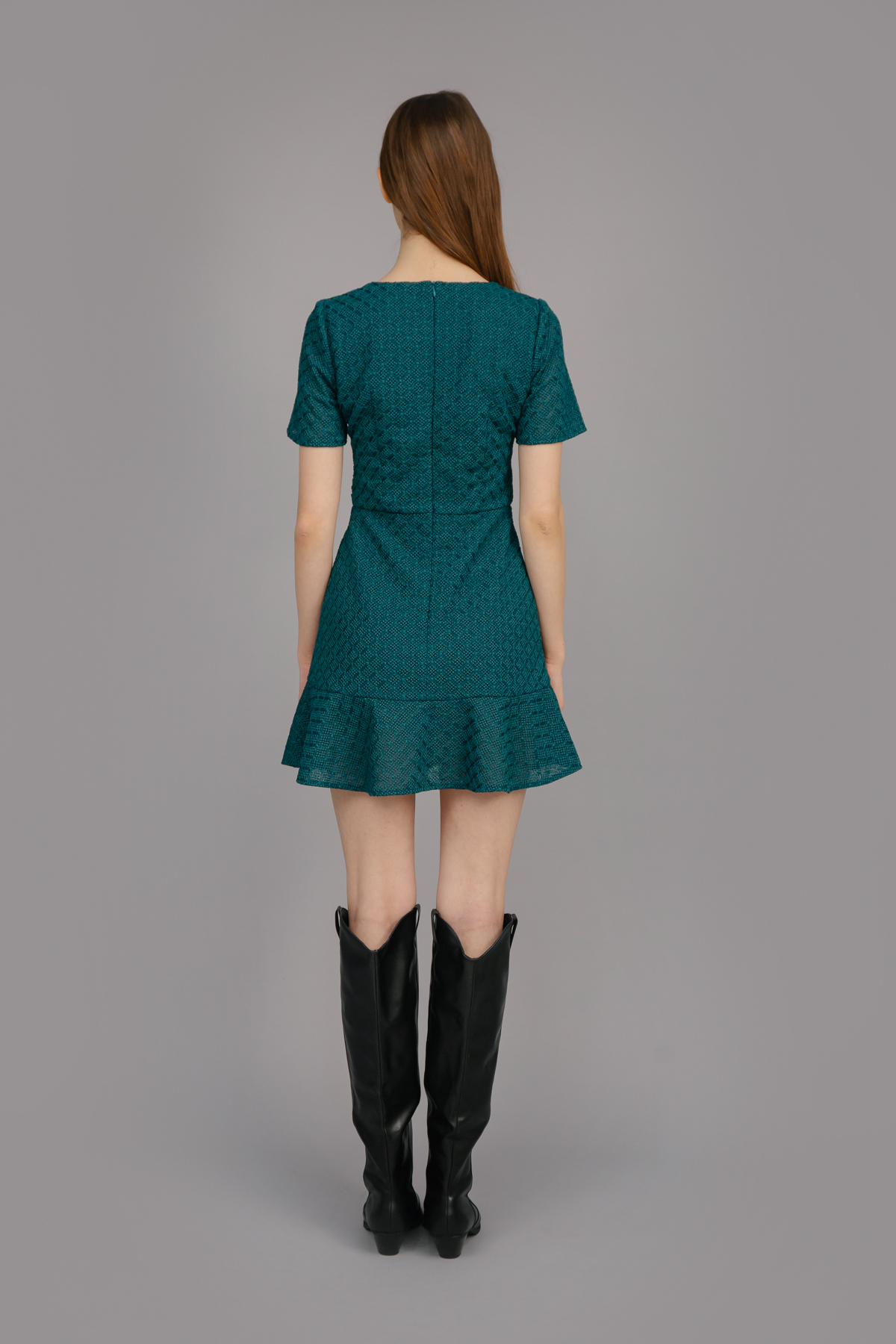 Темно-зелена мереживна сукня міні, фото 7