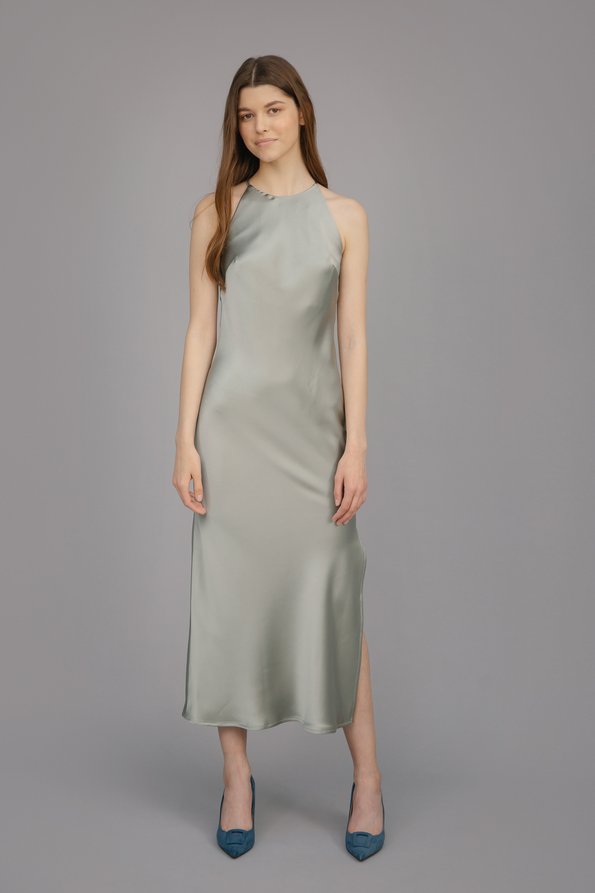 Оливкова сукня-комбінація зі щільного сатину, фото 3