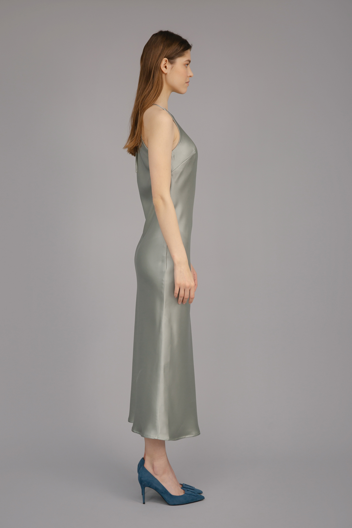 Оливкова сукня-комбінація зі щільного сатину, фото 4