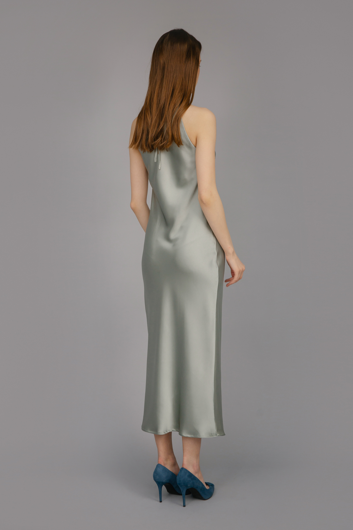 Оливкова сукня-комбінація зі щільного сатину, фото 7