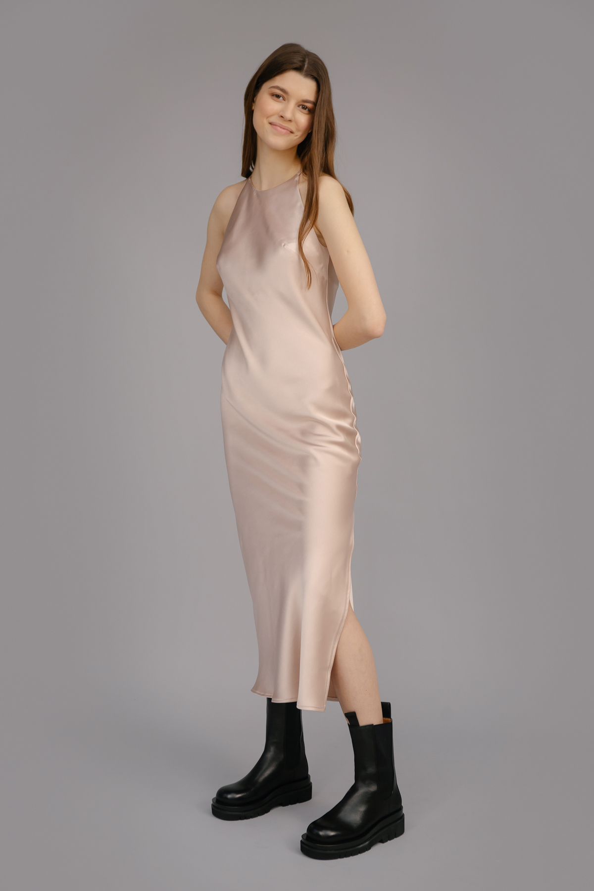 Сукня-комбінація зі щільного сатину пудрового кольору, фото 3