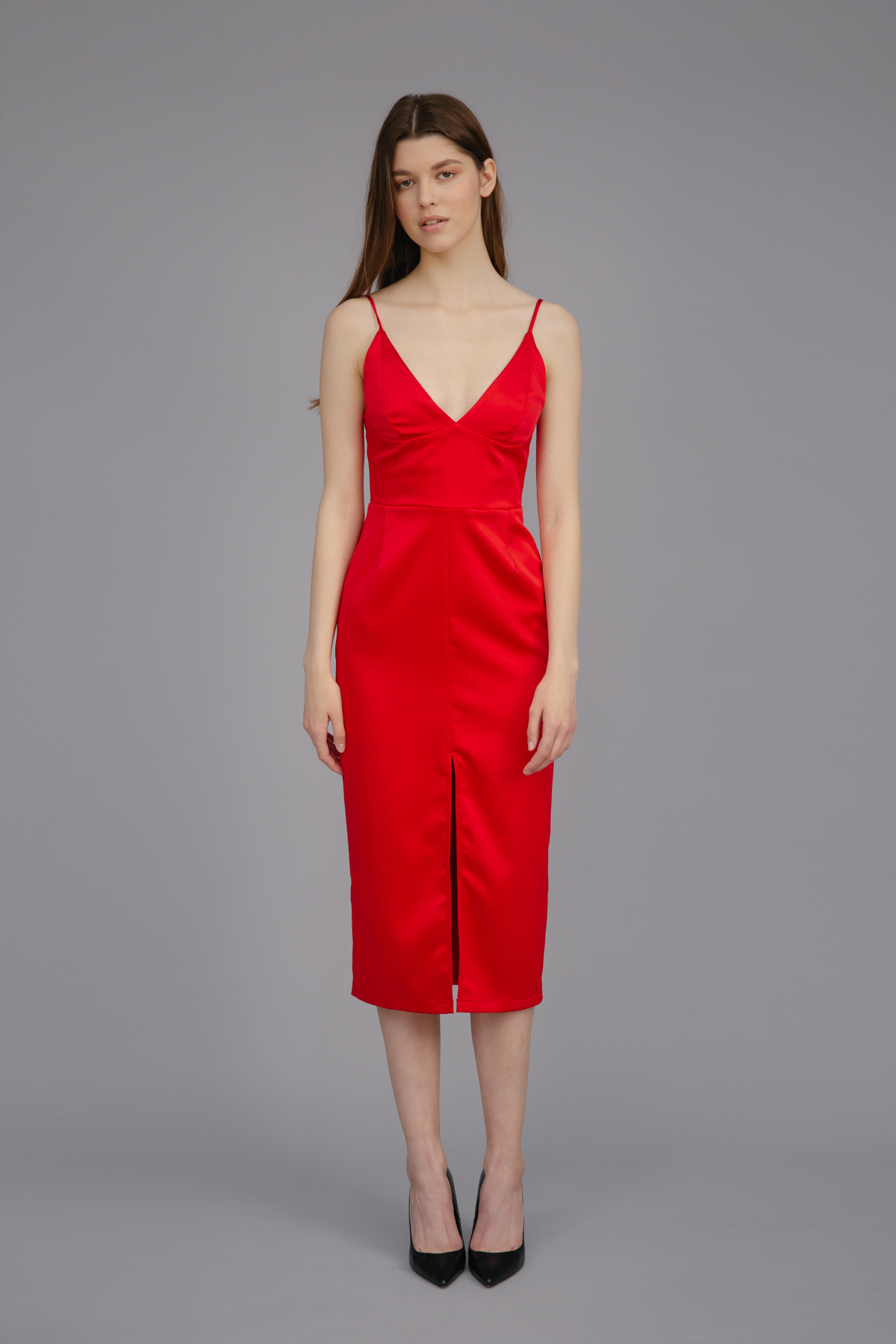 Червона сукня-комбінація зі щільного атласу з відрізною лінією талії, фото 3