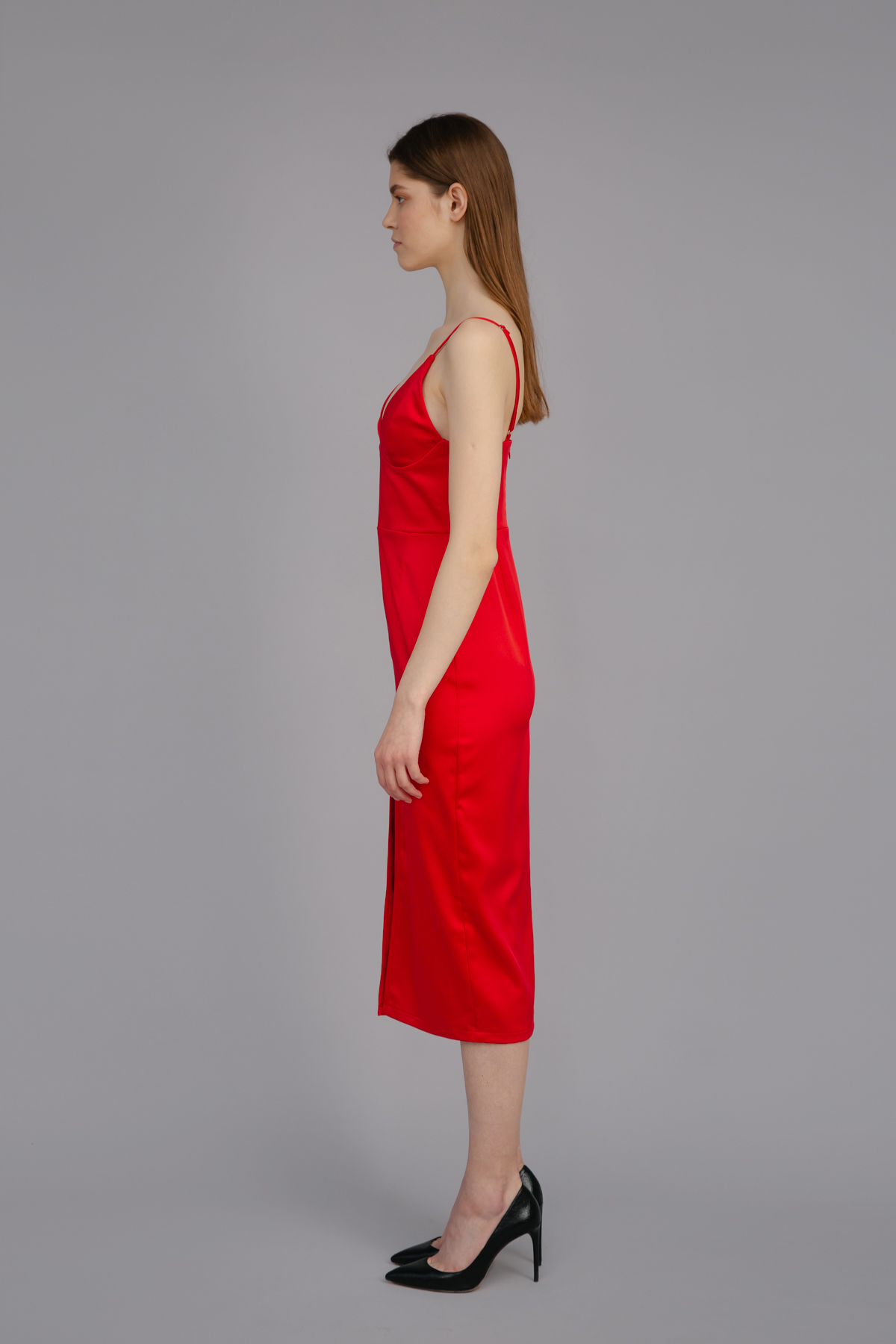 Червона сукня-комбінація зі щільного атласу з відрізною лінією талії, фото 5