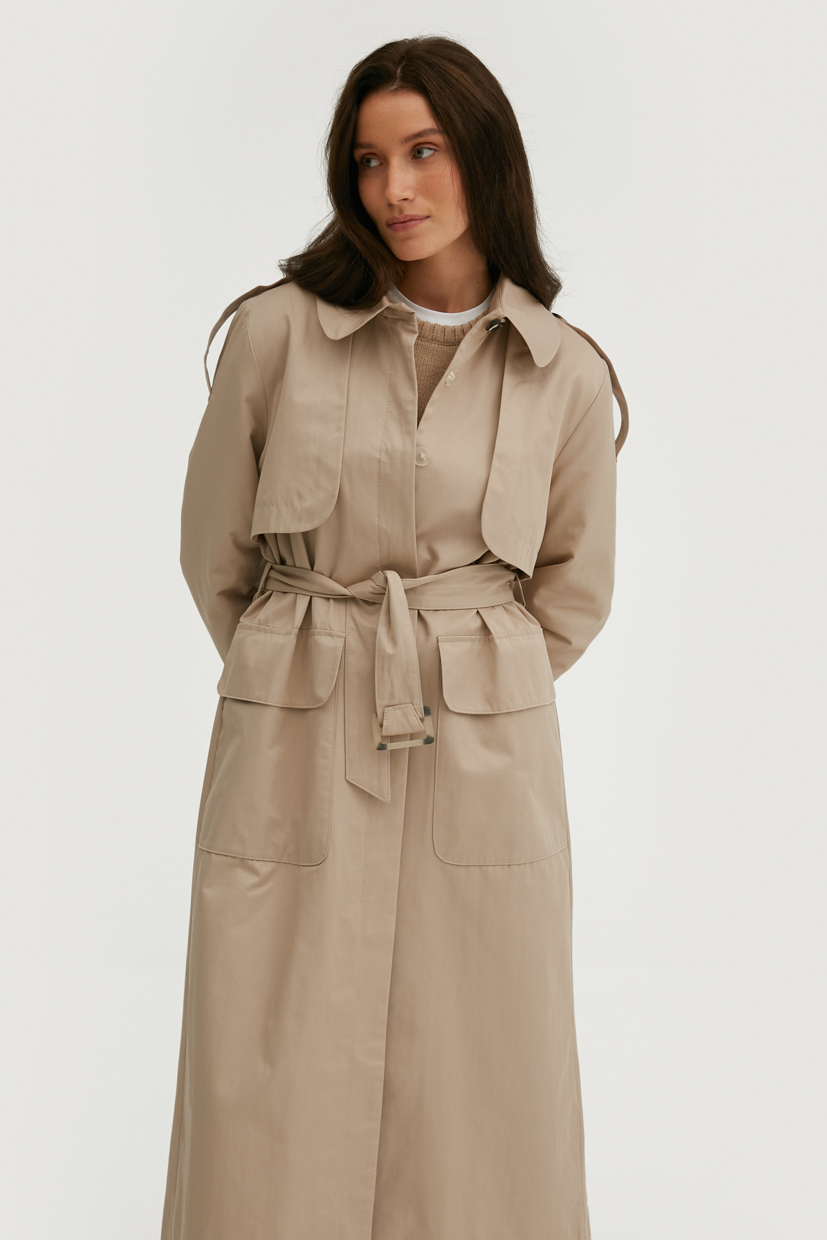 Beige trench coat with a straight silhouette, photo 3